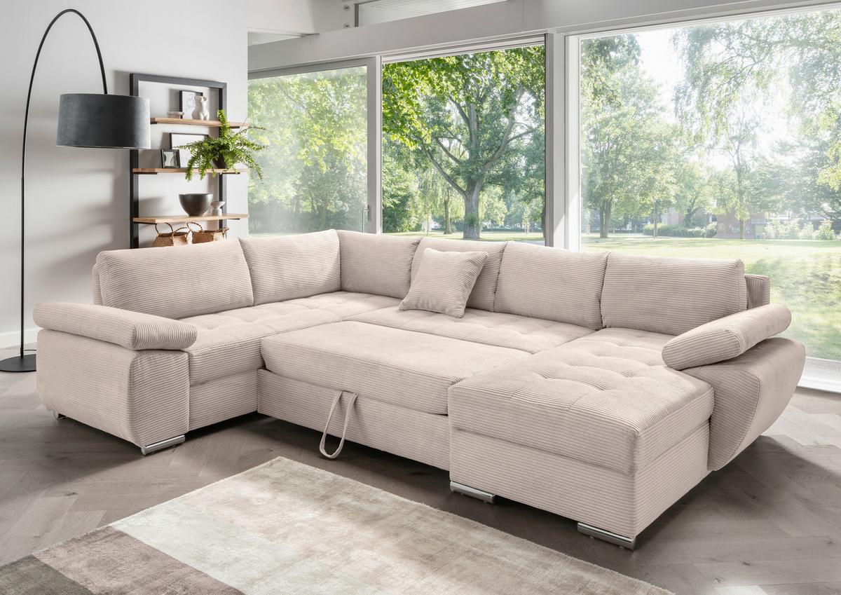 Wohnlandschaft Terana mit Schlaffunktion, Beige - Chromfarben/Beige, KONVENTIONELL, Textil (219/305/157cm) - P & B