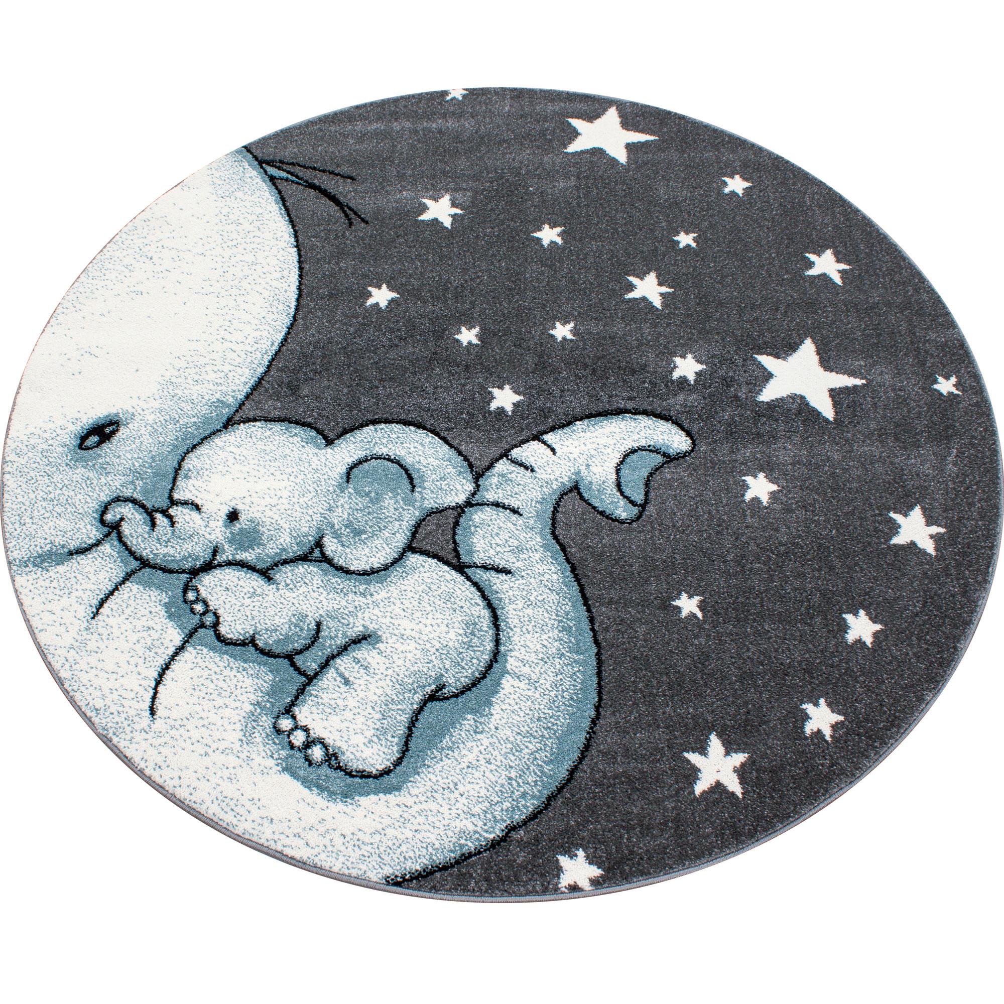 Kinderteppich Rund Elefant Blau/Grau/Weiß Kids Ø 120 cm - Blau/Weiß, Trend, Textil (120cm)