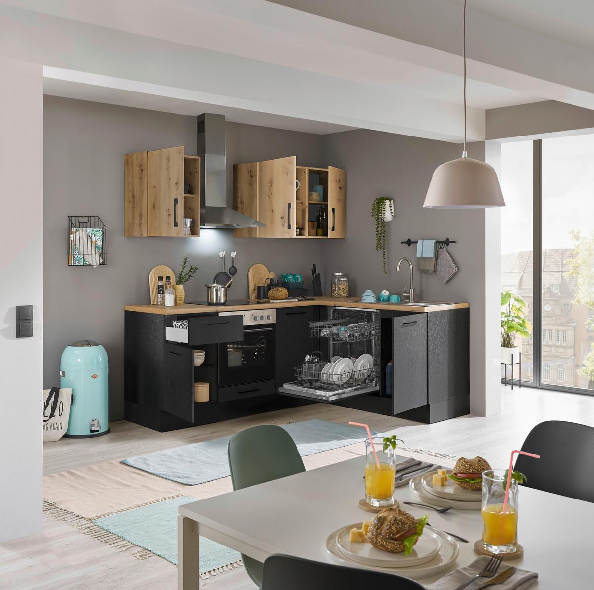 Eckküche Turin Schwarz/Eiche Dekor 220x175 cm - Schwarz/Eiche Artisan, Basics, Holzwerkstoff (220/175cm) - MID.YOU