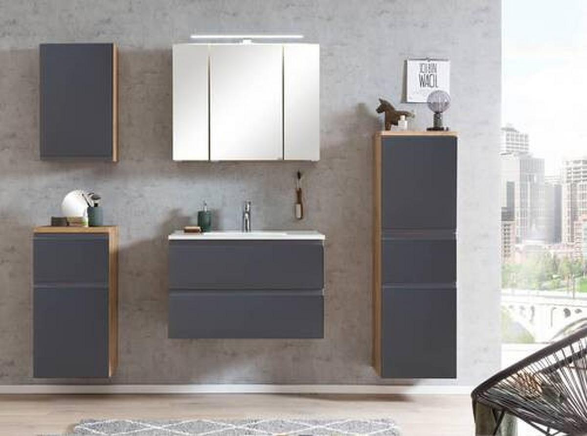 Waschbecken Mit Unterschrank Varese B: 80 Cm Grau/eiche - Eiche Wotan/Weiß, MODERN, Holzwerkstoff/Stein (80cm) - Held