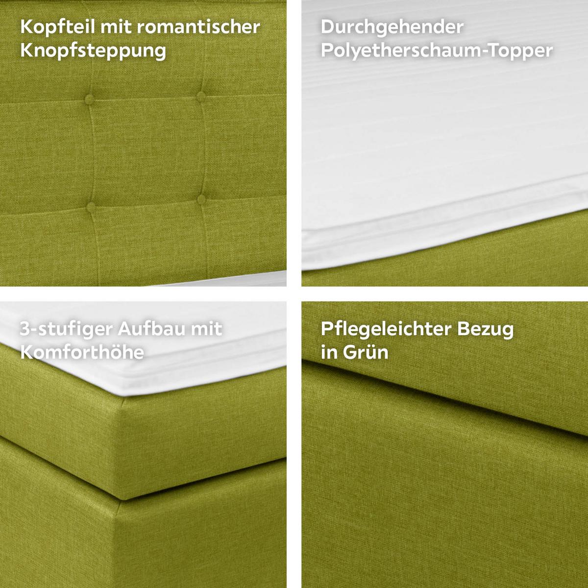 Boxspringbett Mit Topper 180x200cm Fabio, Grün - Grün, MODERN, Textil (180/200cm)