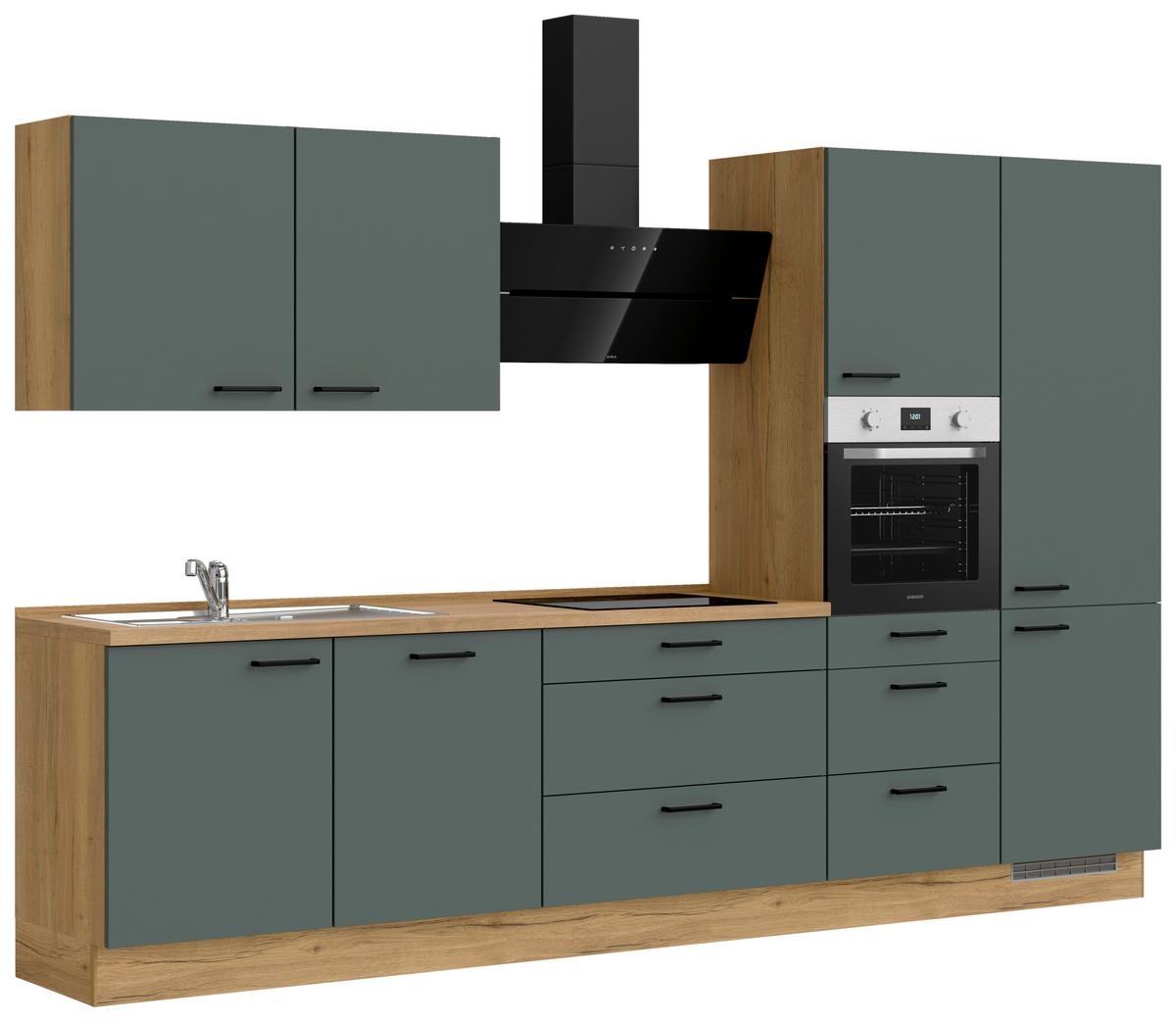 Kuchyňská linka 330 cm, minerální zelená,ultra matná - barvy dubu/černá, Moderní, kov/kompozitní dřevo (330cm) - Nobilia