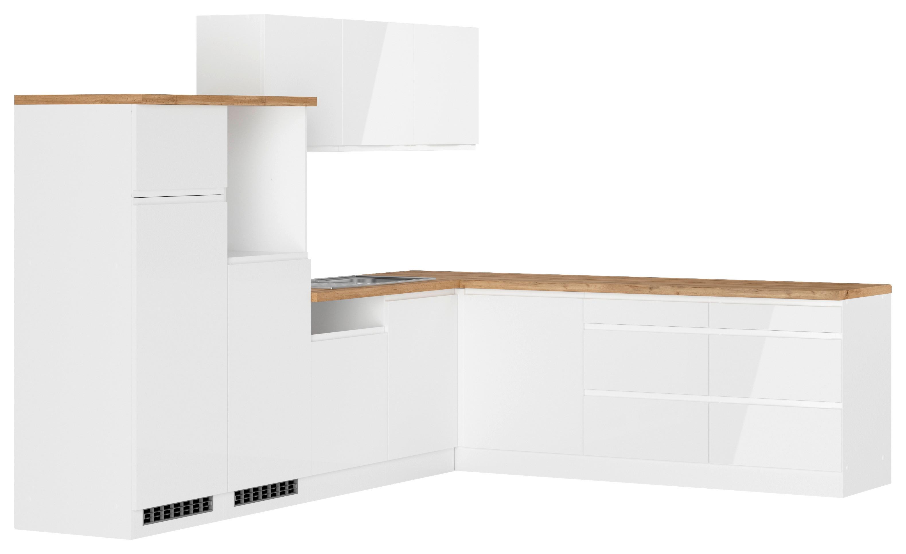 Eckküche Monza ohne Geräte 300x240 cm Weiß/Eiche Dekor - Weiß Hochglanz/Eiche Wotan, LIFESTYLE, Holzwerkstoff (300/240cm) - Held