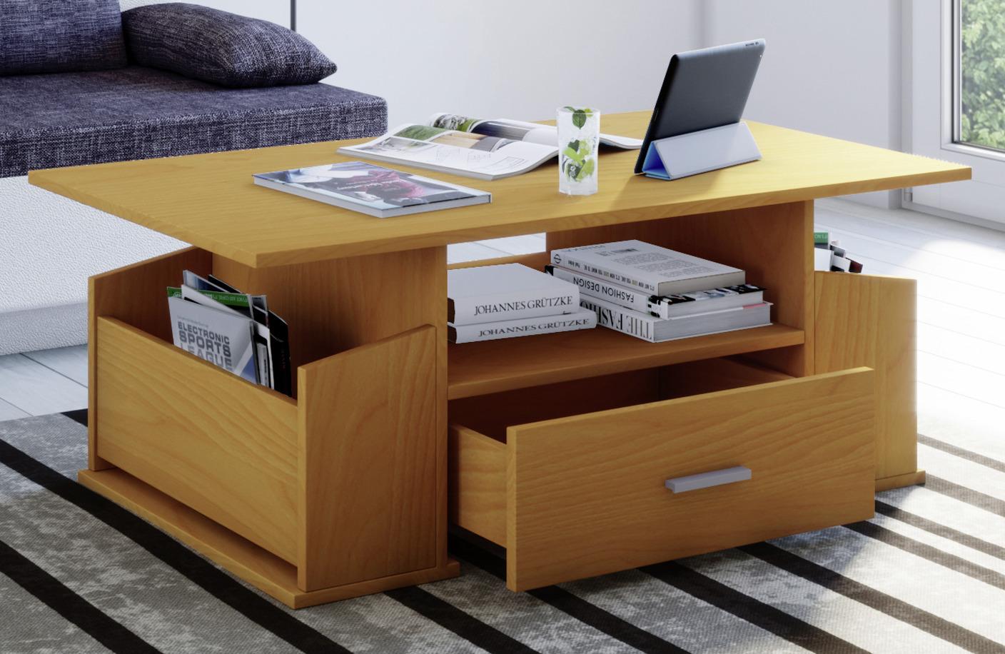 MID.YOU Couchtisch Mit Schublade + Fächer Junata Buche Dekor