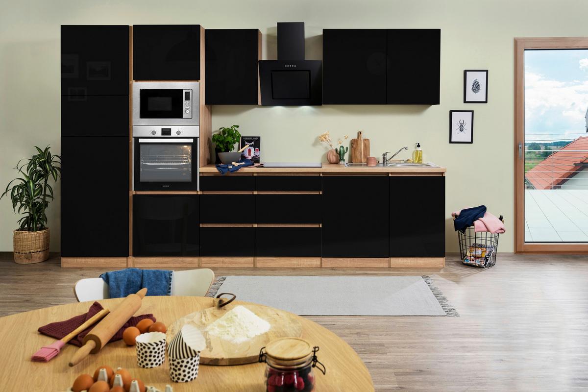 Küchenblock Lorena Küchenblock 345 cm - Schwarz Hochglanz/Eichefarben, Basics, Holzwerkstoff (345cm) - Respekta