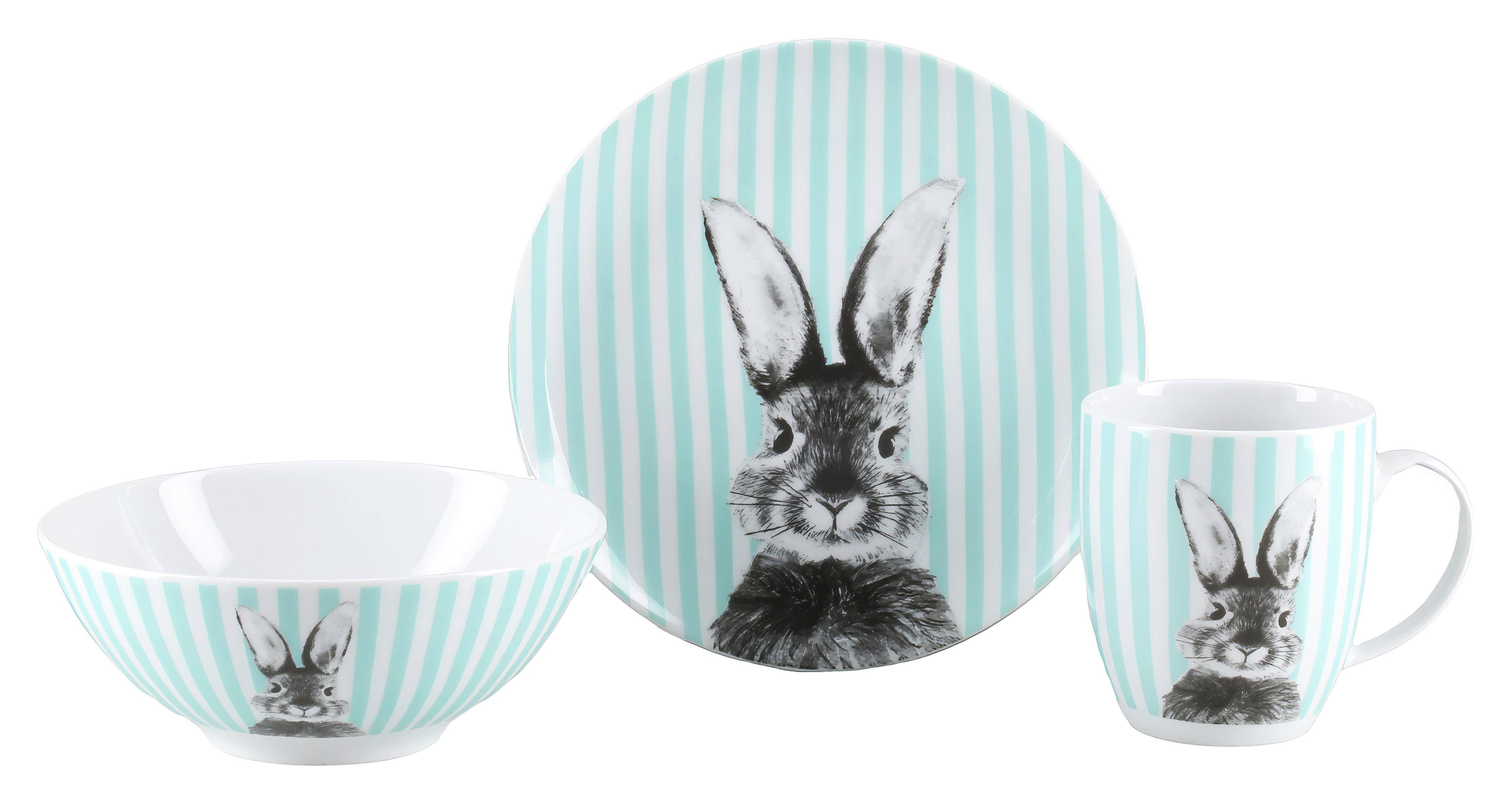 Frühstücksservice Happy Bunny Porzellan, 3tlg. - Weiß/Grün, Basics, Keramik - Creatable