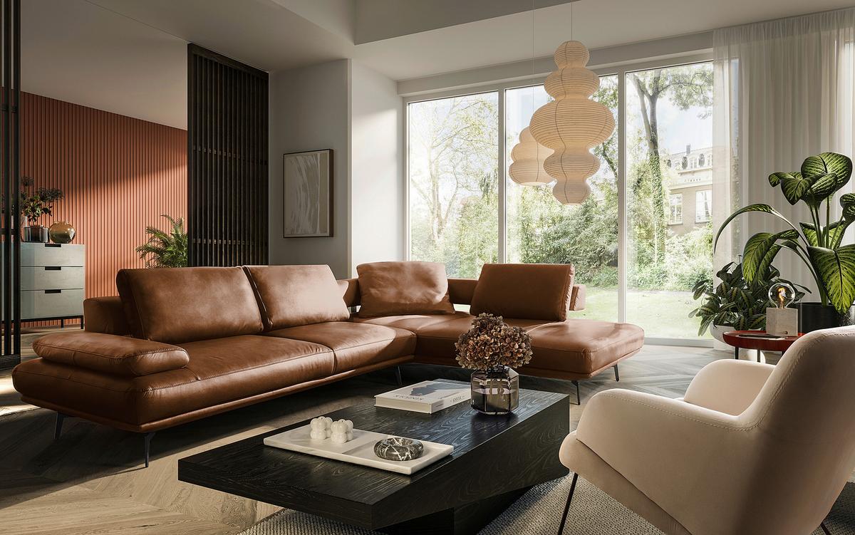 Ecksofa Como Echtleder Cognac 306x237 - Cognac/Schwarz, Design, Leder (306/237cm) - Livetastic
