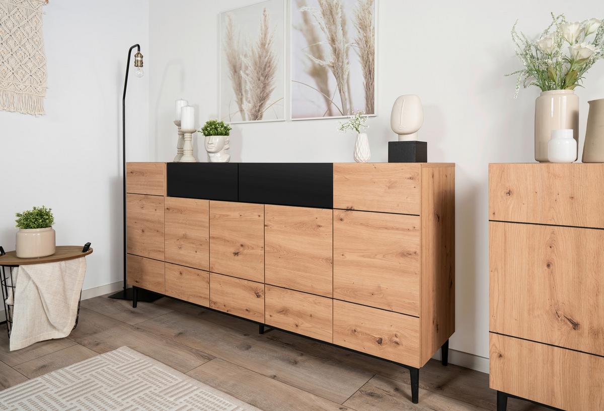 Sideboard Dekor Mit 2 Laden 180 cm Nola 003054 Schwarz - Eichefarben/Schwarz, KONVENTIONELL, Holzwerkstoff (180/90/42cm) - MID.YOU