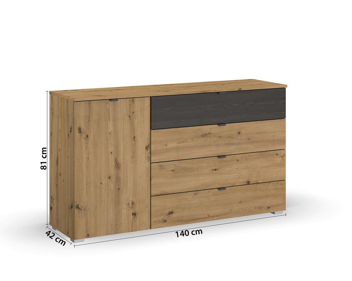 Kommode Apollon Eiche Artisan/schwarz B: 140cm - Alufarben/Schwarz, MODERN, Holzwerkstoff (140/81/42cm) - Rauch Möbel