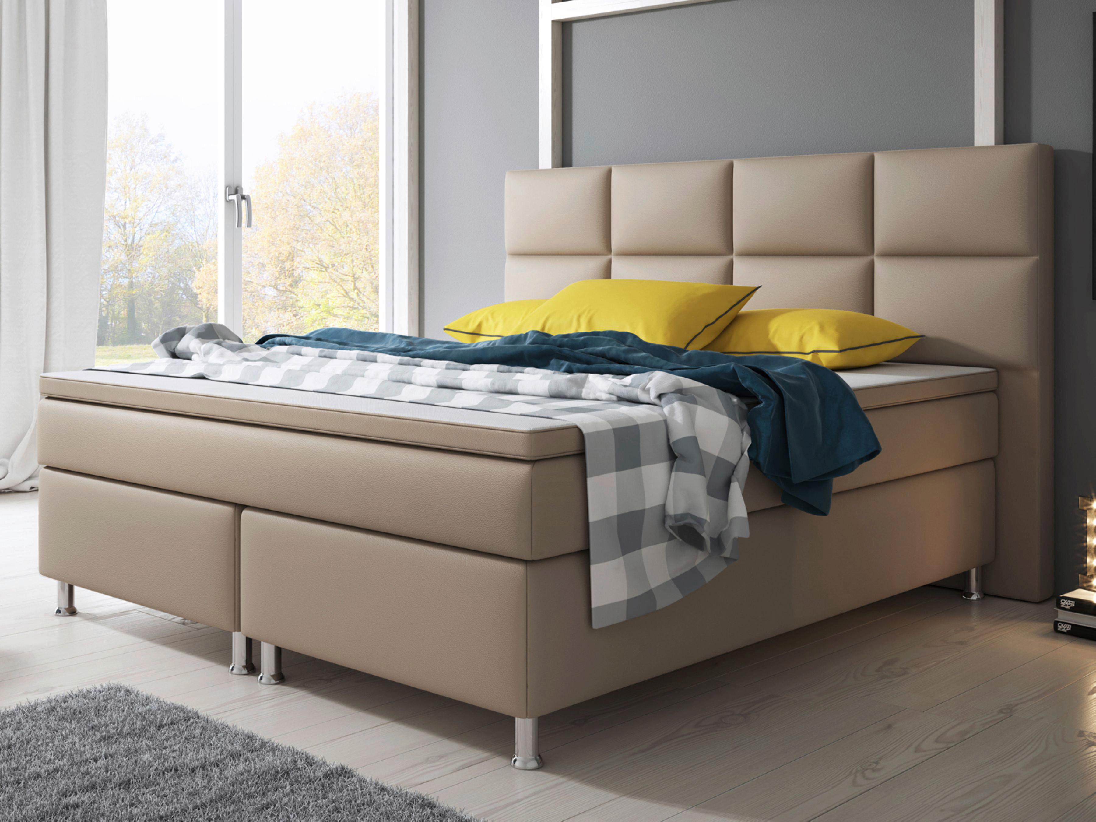 Boxspringbett mit Topper / Matratze 180x200 cm Miami - Silberfarben/Cappuccino, KONVENTIONELL, Leder/Textil (200/125/210cm) - MID.YOU