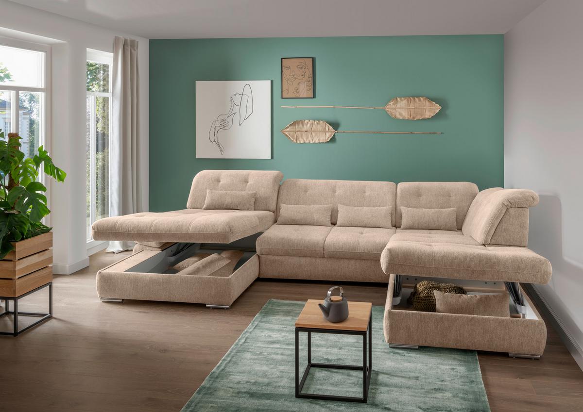 Wohnlandschaft Dalida Hellbraun U: 195x376x254 Cm - Chromfarben/Hellbraun, Design, Textil (195/376/254cm) - Livetastic