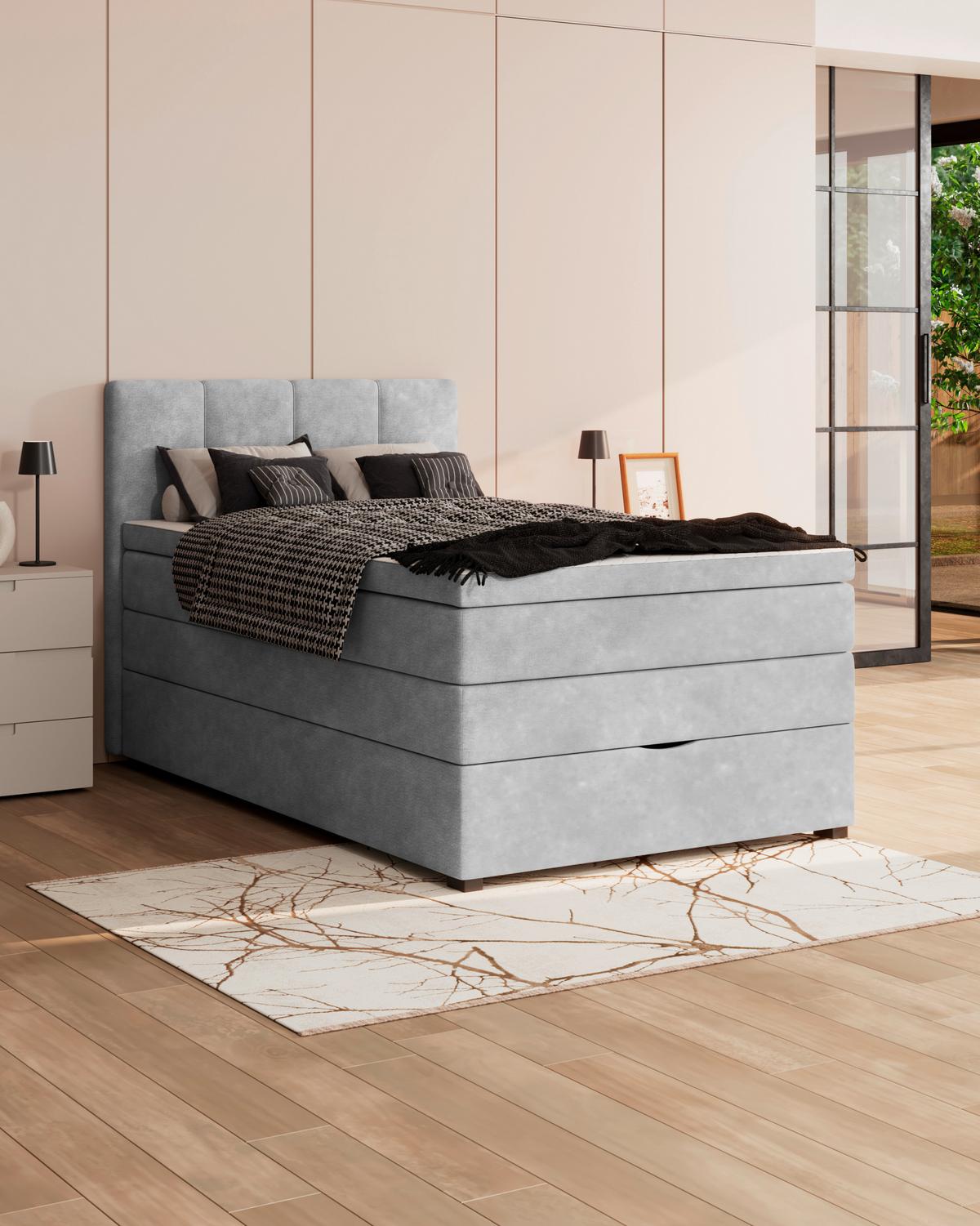 Boxspringbett mit Topper & Bettkasten 140x200 Lauro - Hellgrau/Schwarz, Trend, Textil (140/200cm)