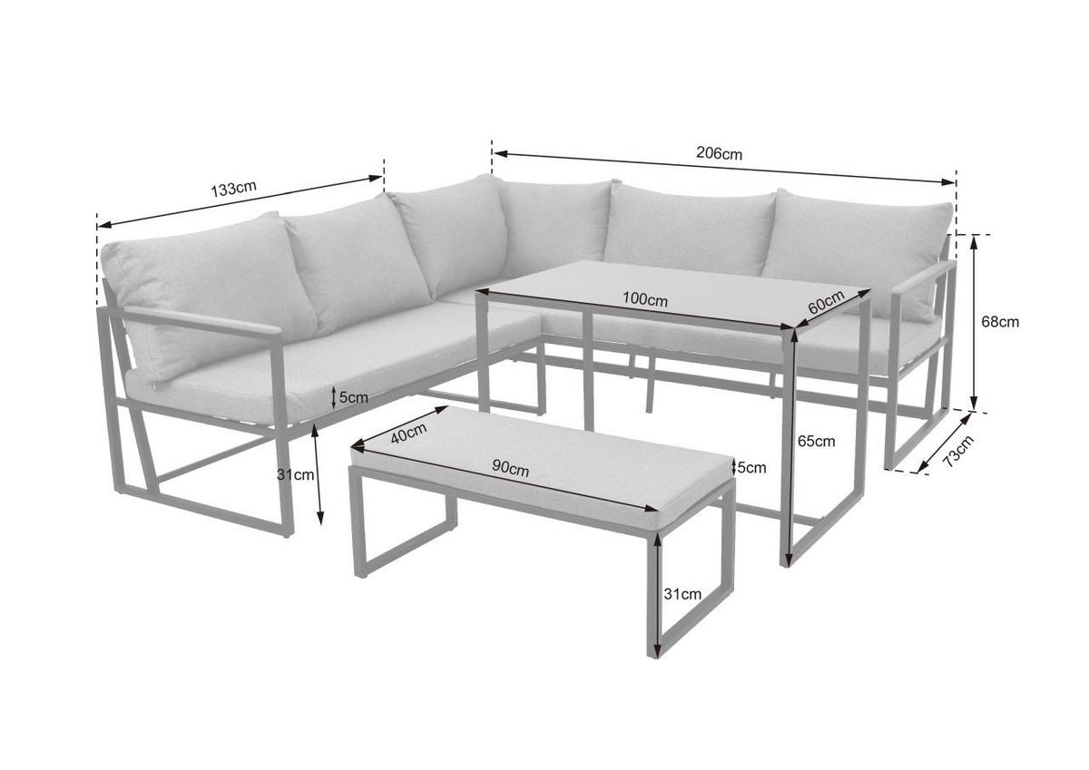Loungegarnitur 3-tlg. Catania Stahl/holz/textil Mit Kissen - Schwarz/Grau, MODERN, Glas/Holz (206/206cm) - Beldano
