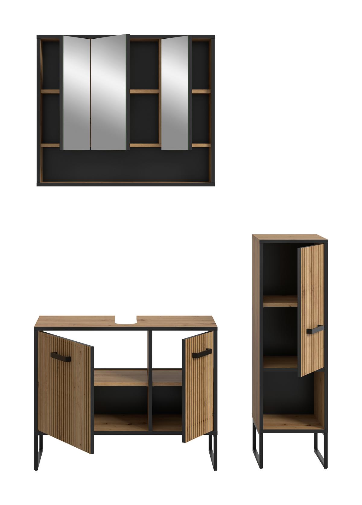 Badezimmer Bagno Schwarz /Eiche Artisan Dekor B: 110cm - Schwarz/Eiche Artisan, Trend, Glas/Holzwerkstoff (110cm) - MID.YOU