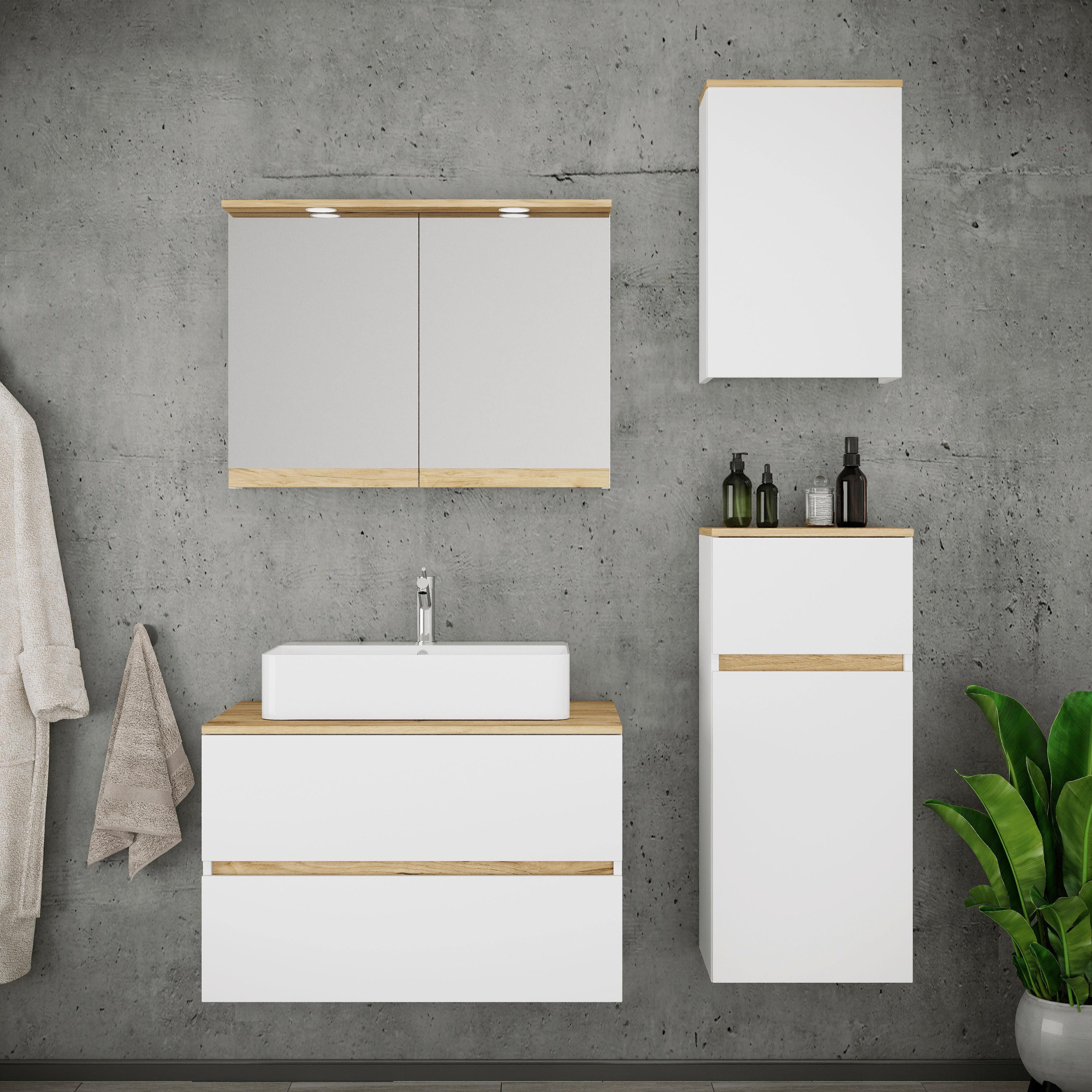 Fürdőszobabútor Cosila - méztölgy színű/fehér, Trend, faalapú anyag/kerámia (120cm) - MID.YOU
