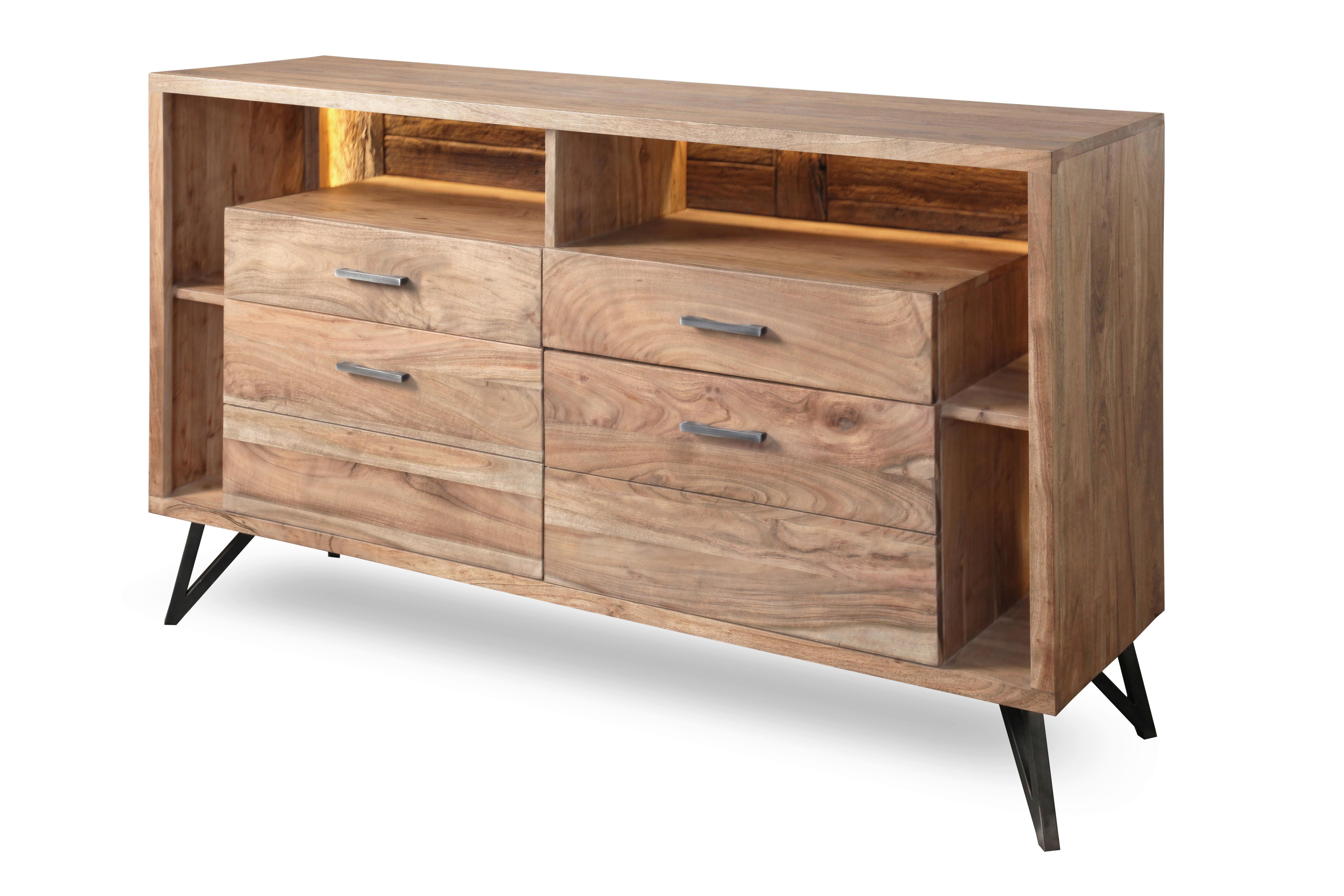 Kommode Indira Akazie Massiv, B: 145 cm - Schwarz/Akaziefarben, ROMANTIK / LANDHAUS, Holz (145/94/40cm)