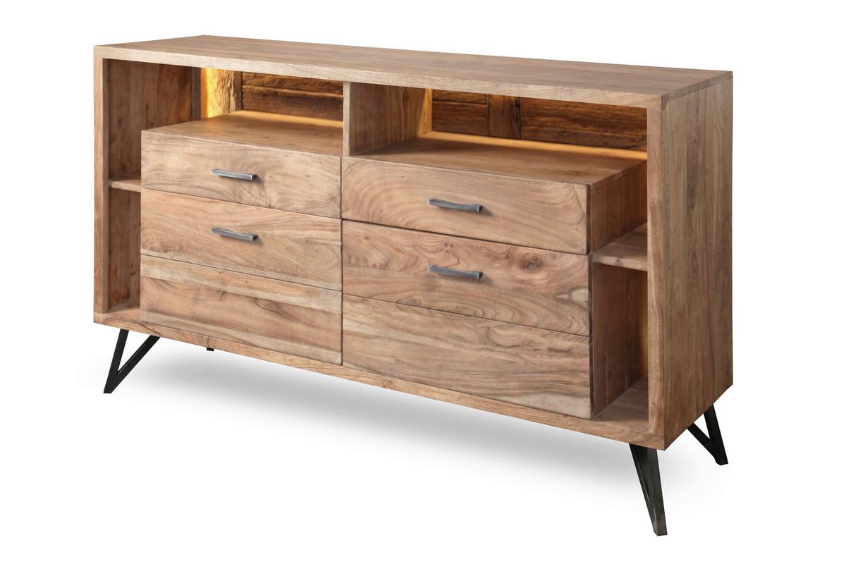 Kommode Indira Akazie Massiv, B: 145 cm - Schwarz/Akaziefarben, ROMANTIK / LANDHAUS, Holz (145/94/40cm)
