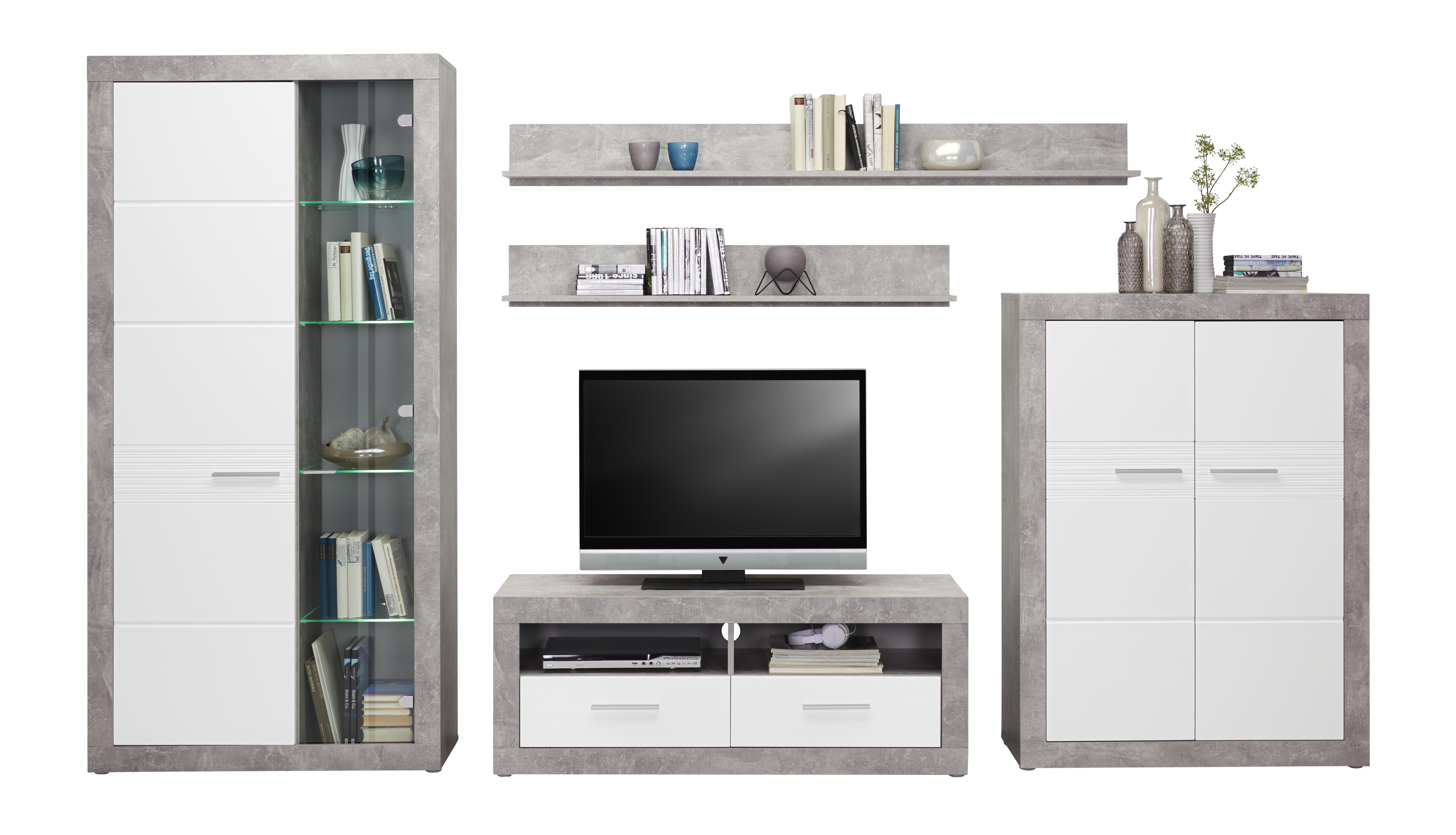 Wohnkombination Malta5 B:320cm Weiß Hochglanz/ Beton Dekor - Weiß/Grau, MODERN, Glas/Holzwerkstoff (320/197/42cm)