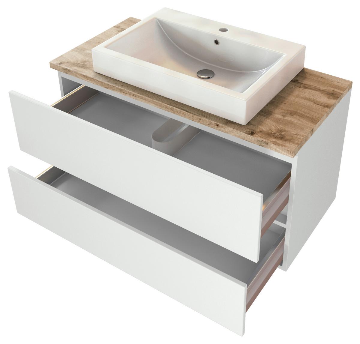 Waschbecken Mit Unterschrank B: 100 Cm, Weiß Dekor - Eichefarben/Weiß, Basics, Keramik/Holzwerkstoff (100cm) - Held