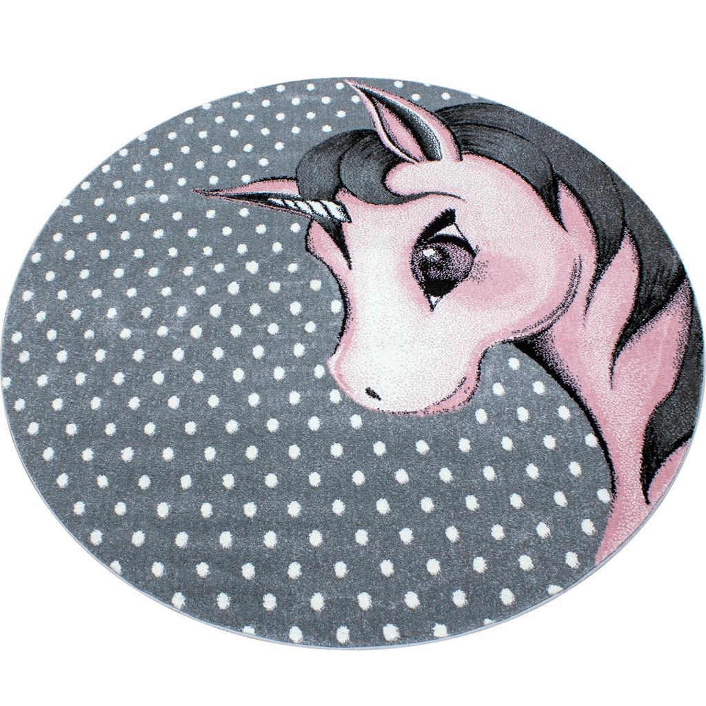Kinderteppich rund Einhorn Grau/Weiß/Pink Kids Ø 120 cm