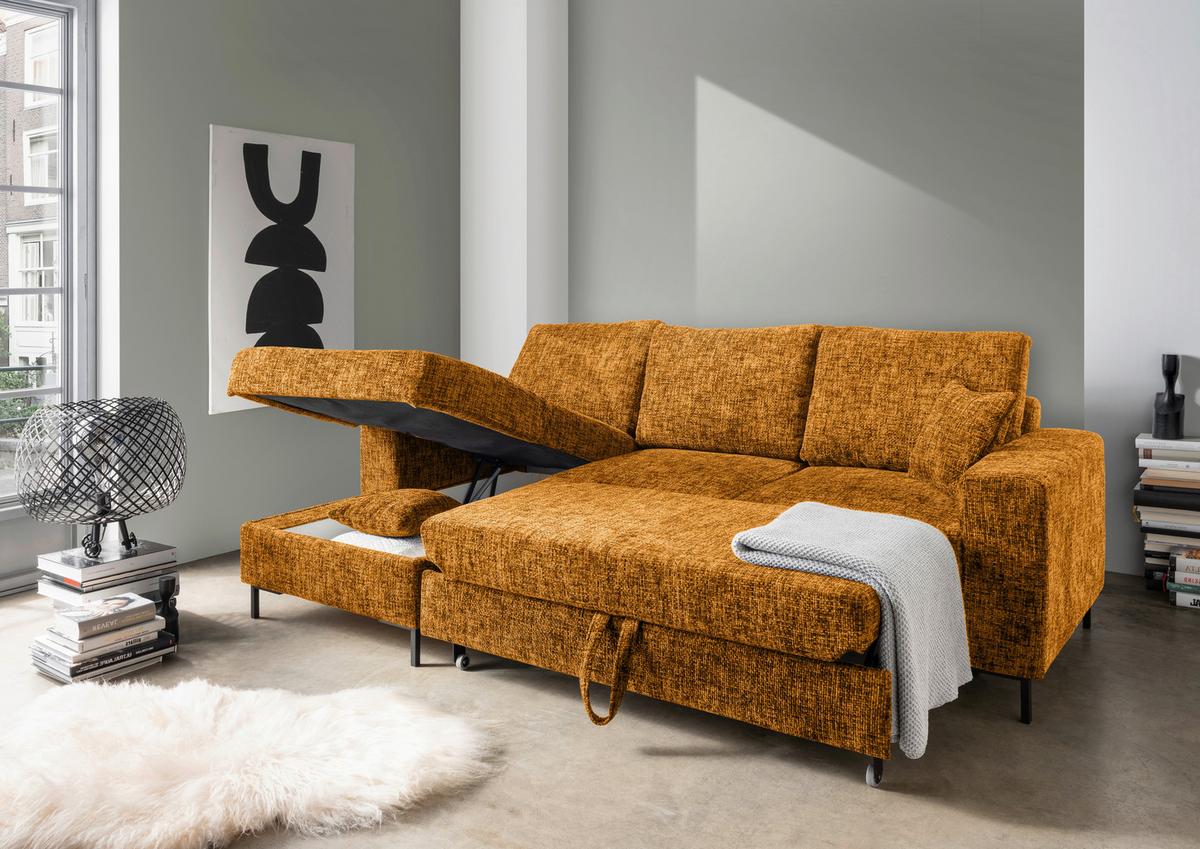 Eckschlafsofa Zona, Gold S: 143x237 Cm - Goldfarben/Schwarz, KONVENTIONELL, Textil (143/237cm) - Livetastic