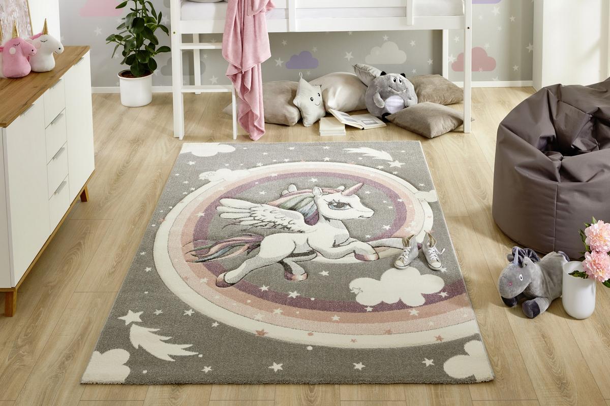Kinderteppich Einhorn Fluffy 120x170 cm - Weiß/Grau, Basics, Textil (120/170cm) - BUNINO