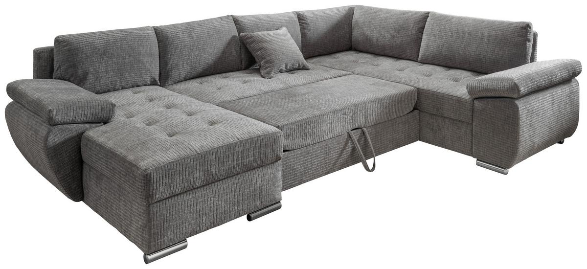 Wohnlandschaft Terana Grau mit Schlaffunktion, Mikrofaser - Chromfarben/Grau, KONVENTIONELL, Textil (157/305/219cm) - Livetastic