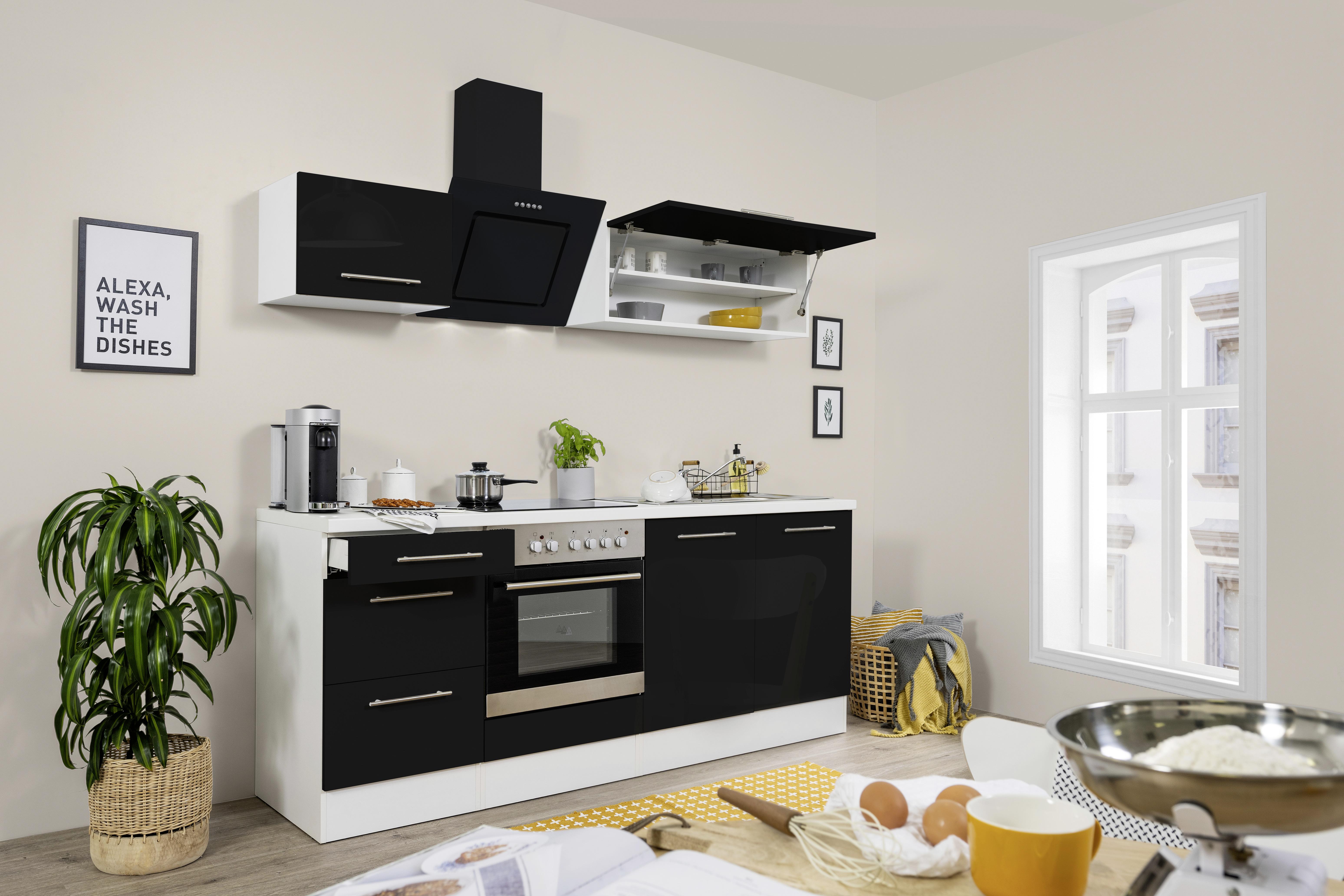 Küchenzeile mit Geräten 210 cm Schwarz Hochglanz - Schwarz/Weiß, KONVENTIONELL, Holzwerkstoff (210/200/60cm) - Respekta