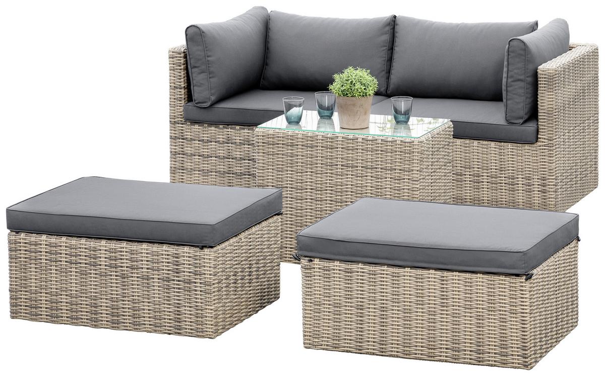 Loungegarnitur 4-Tlg. Licosa Metall/Kunststoff/Glas/Textil - Dunkelgrau/Grau, KONVENTIONELL, Glas/Kunststoff (88/65/68cm) - Gardenson