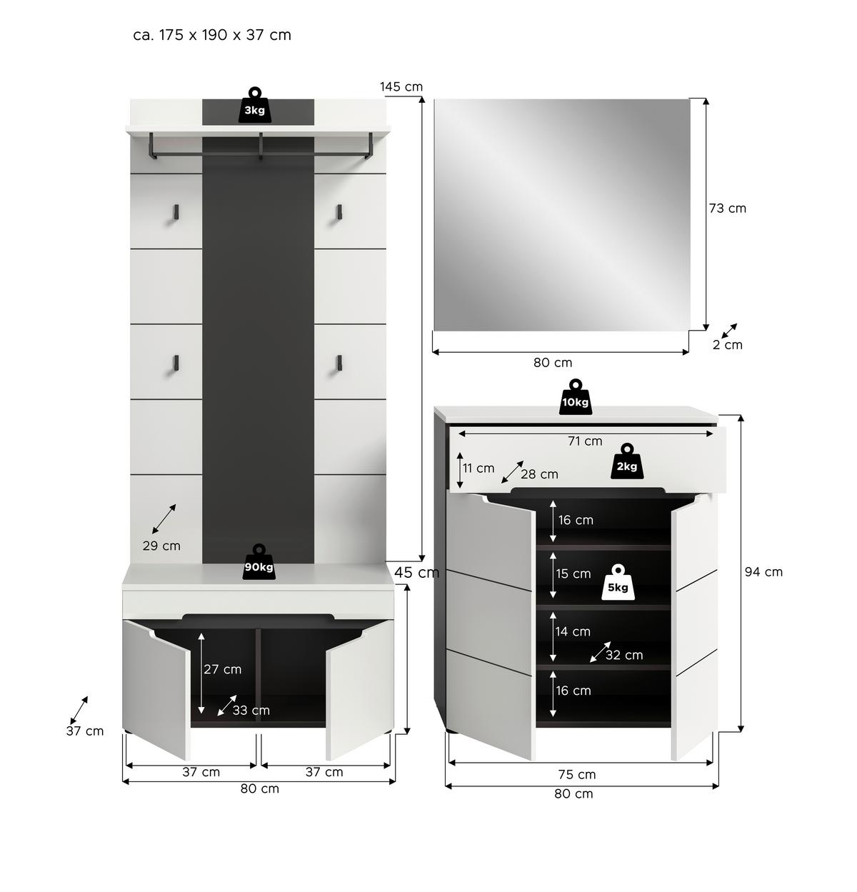 Garderobe Canu 4-Teilig Grau/Weiß B: 175 cm - Weiß/Grau, Design, Holzwerkstoff (175/190/37cm) - Livetastic