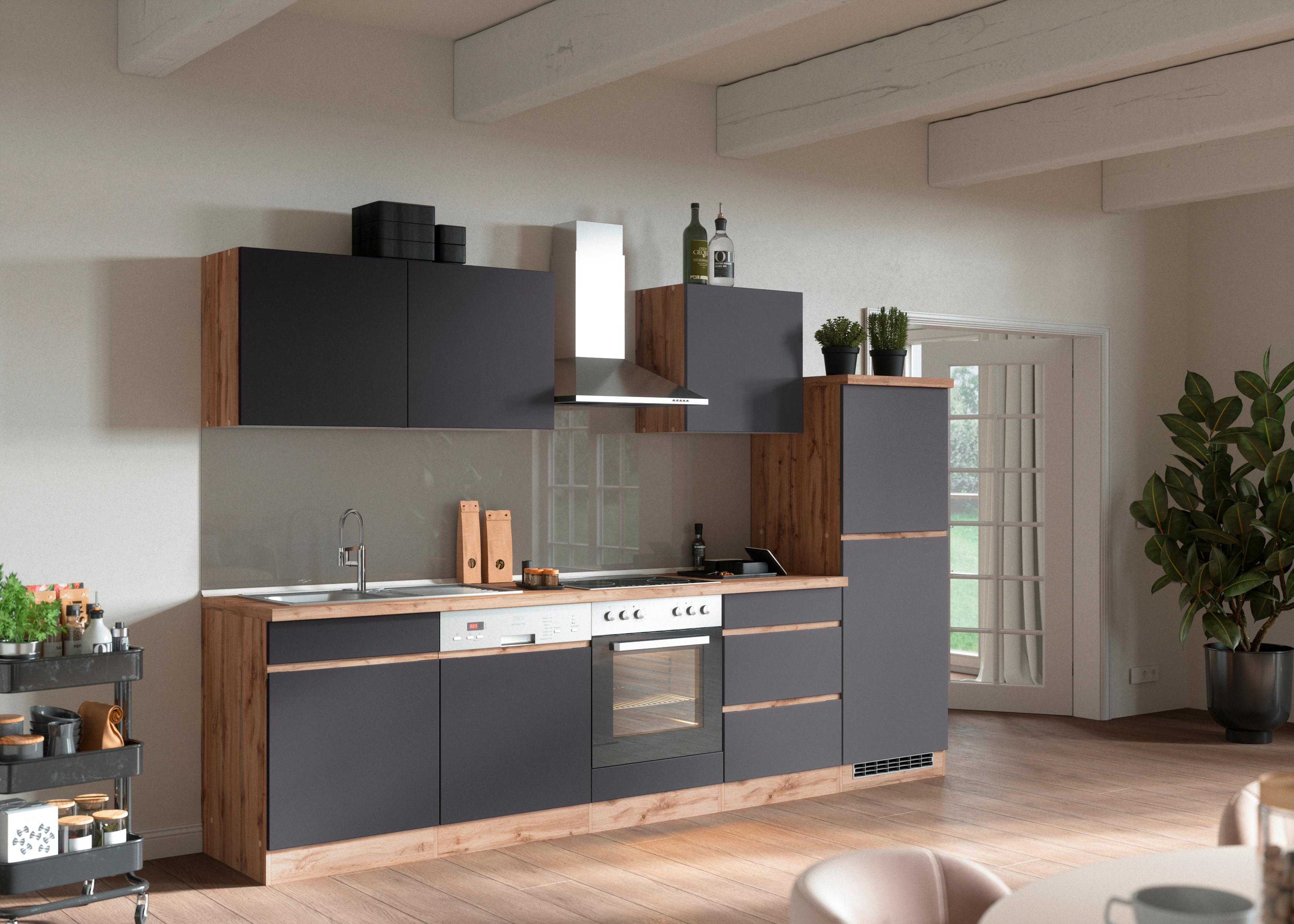 Küchenzeile Turin ohne Geräte B: 300cm Grau/Wotaneiche Dekor - Eiche Wotan/Grau, Design, Holzwerkstoff (300cm) - Held