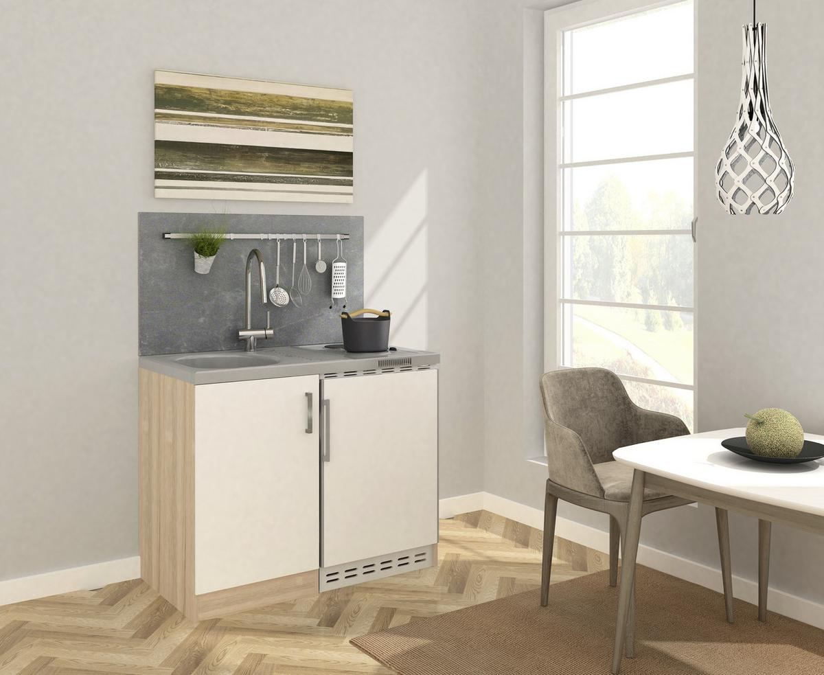 Miniküche M. Kühlschrank + Kochfeld 100 Cm Weiß/eiche - Edelstahlfarben/Weiß, MODERN, Holzwerkstoff/Metall (100cm) - Respekta