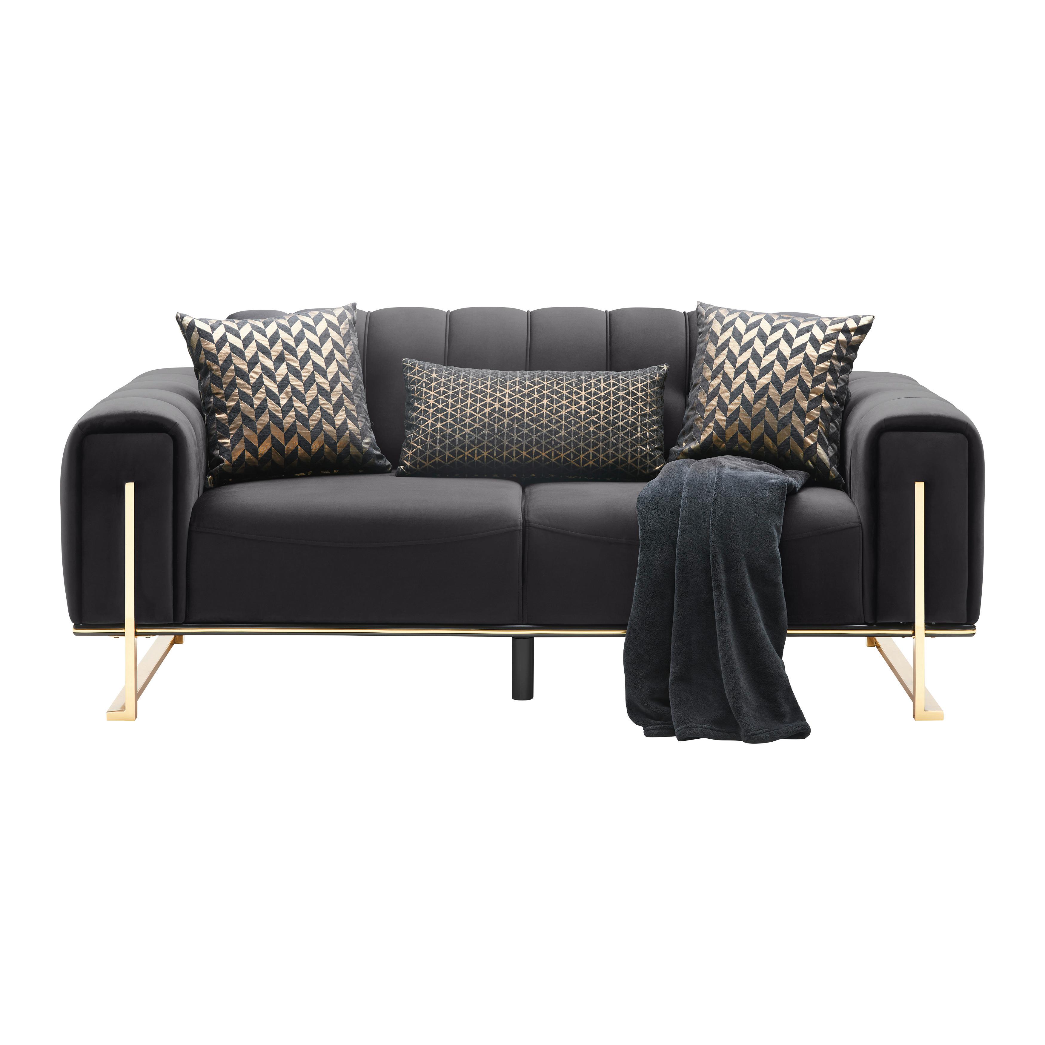 Dvojmiestna pohovka AILE, čierny zamat, s vankúšmi - čierna/zlatá, Lifestyle, textil (190/80/90cm) - Mömax