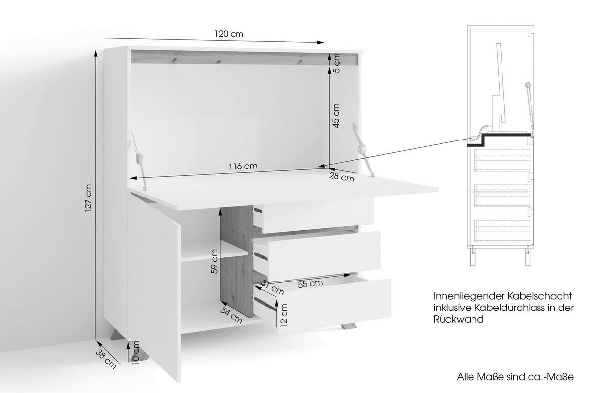 Sekretär Valtentin - Weiß/Sonoma Eiche, MODERN, Holzwerkstoff (120/127/38cm) - MID.YOU