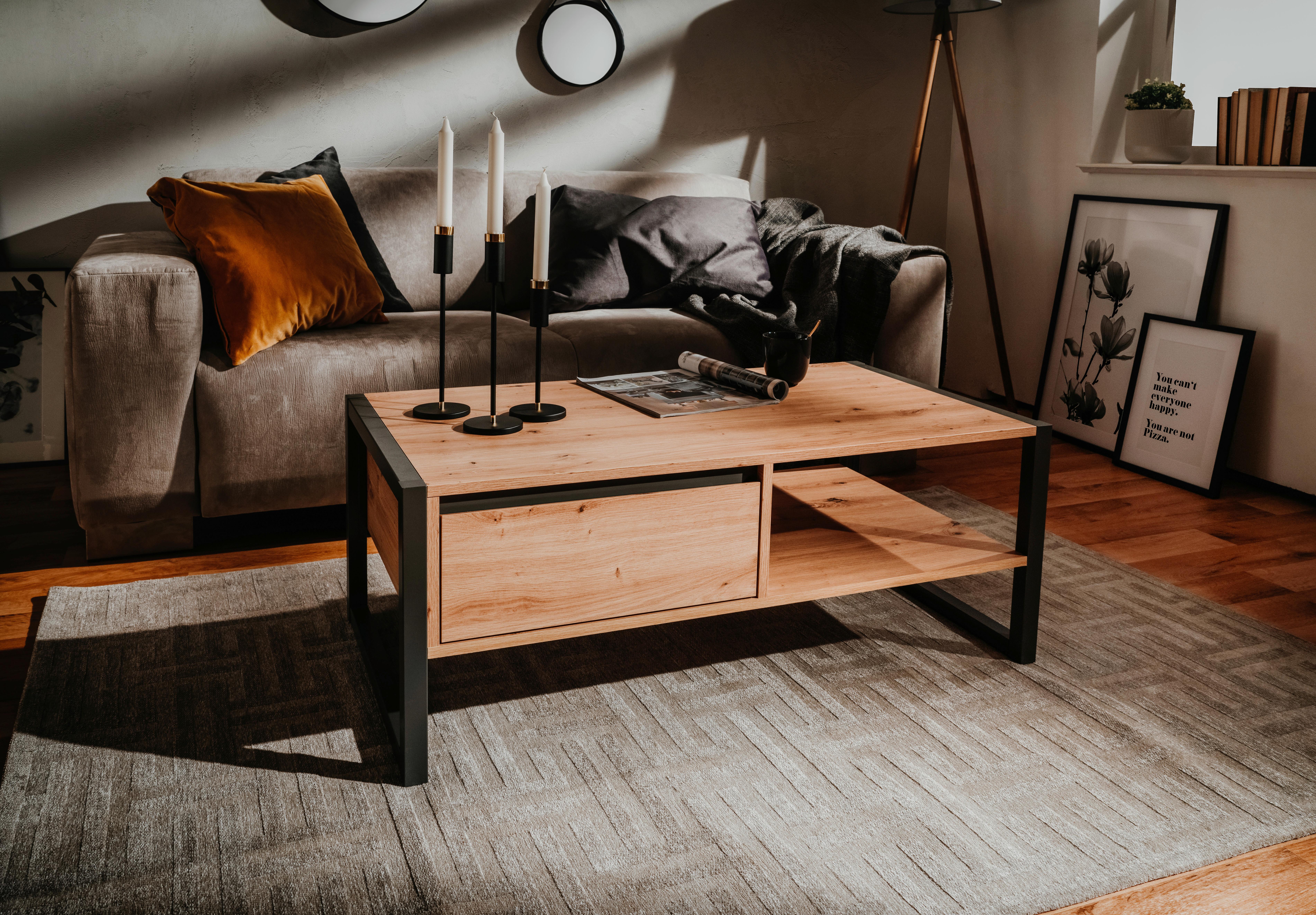 Couchtisch Holz mit Lade + Ablage Denver, Eiche/Anthrazit - Eichefarben/Anthrazit, KONVENTIONELL, Holzwerkstoff (100/55/40cm) - MID.YOU