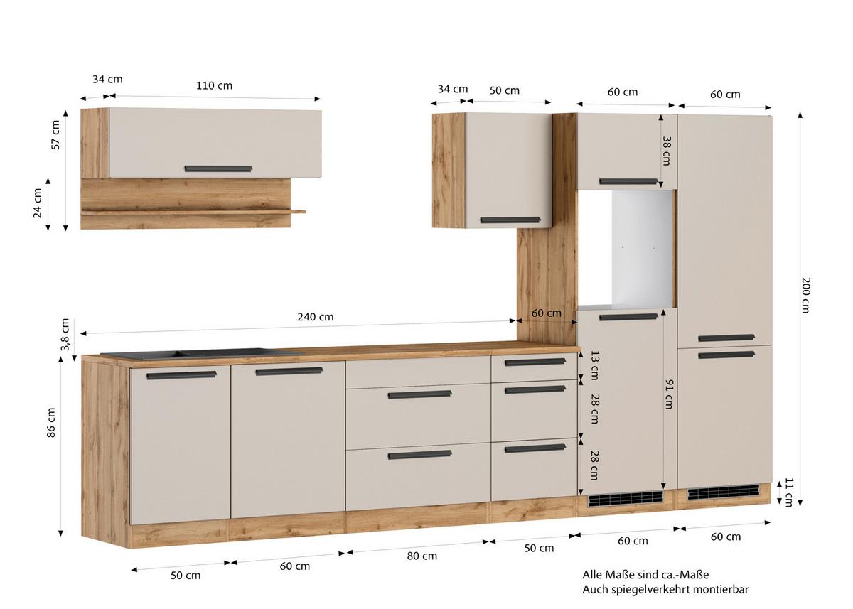 Küchenleerblock Aveiro Kaschmir/Eiche Wotan B: 360cm - Kaschmir/Eiche Wotan, Trend, Holzwerkstoff (360cm) - Held