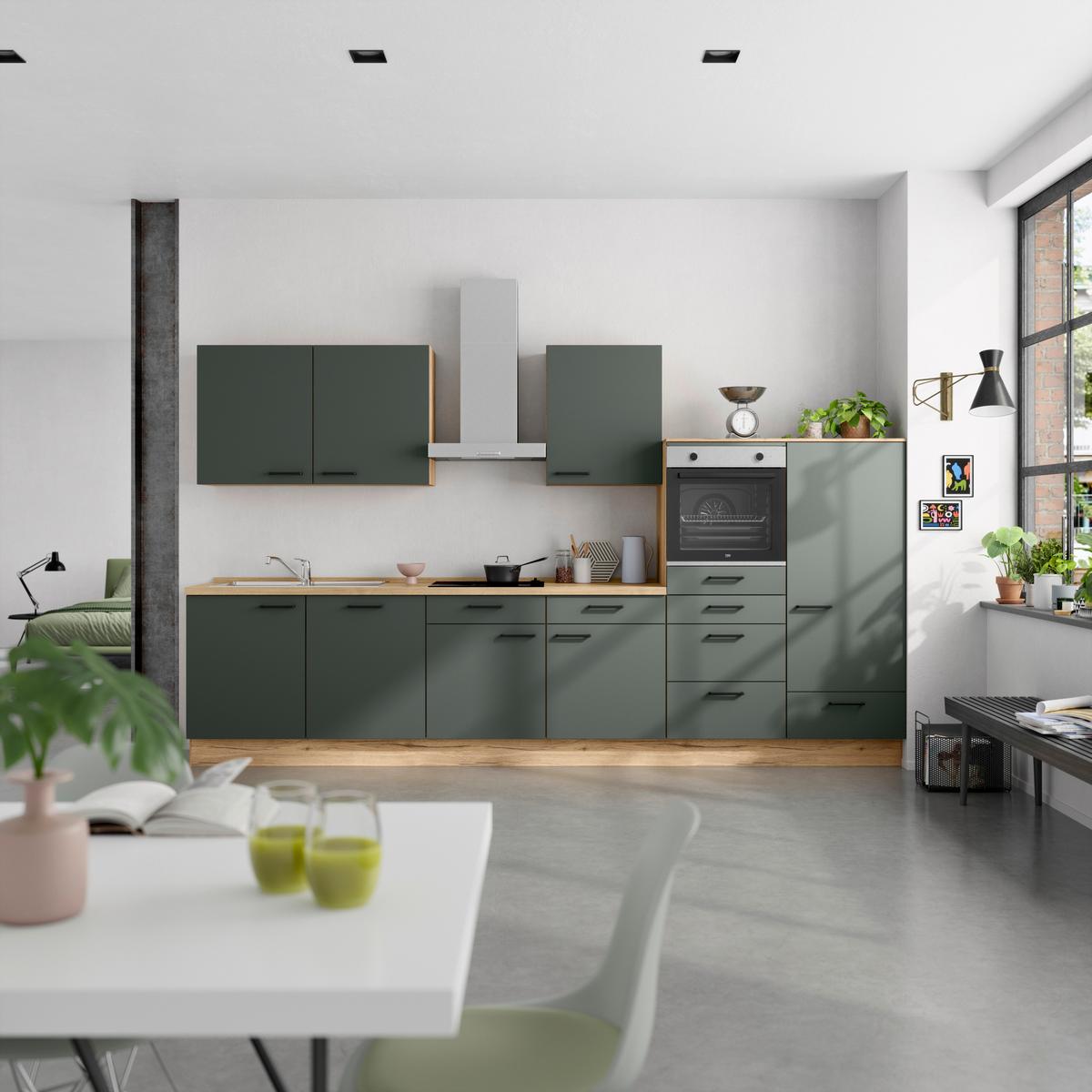 Kuchyňská linka 360 cm, minerální zelená,ultra matná - barvy dubu/černá, Moderní, kov/kompozitní dřevo (360cm) - Nobilia