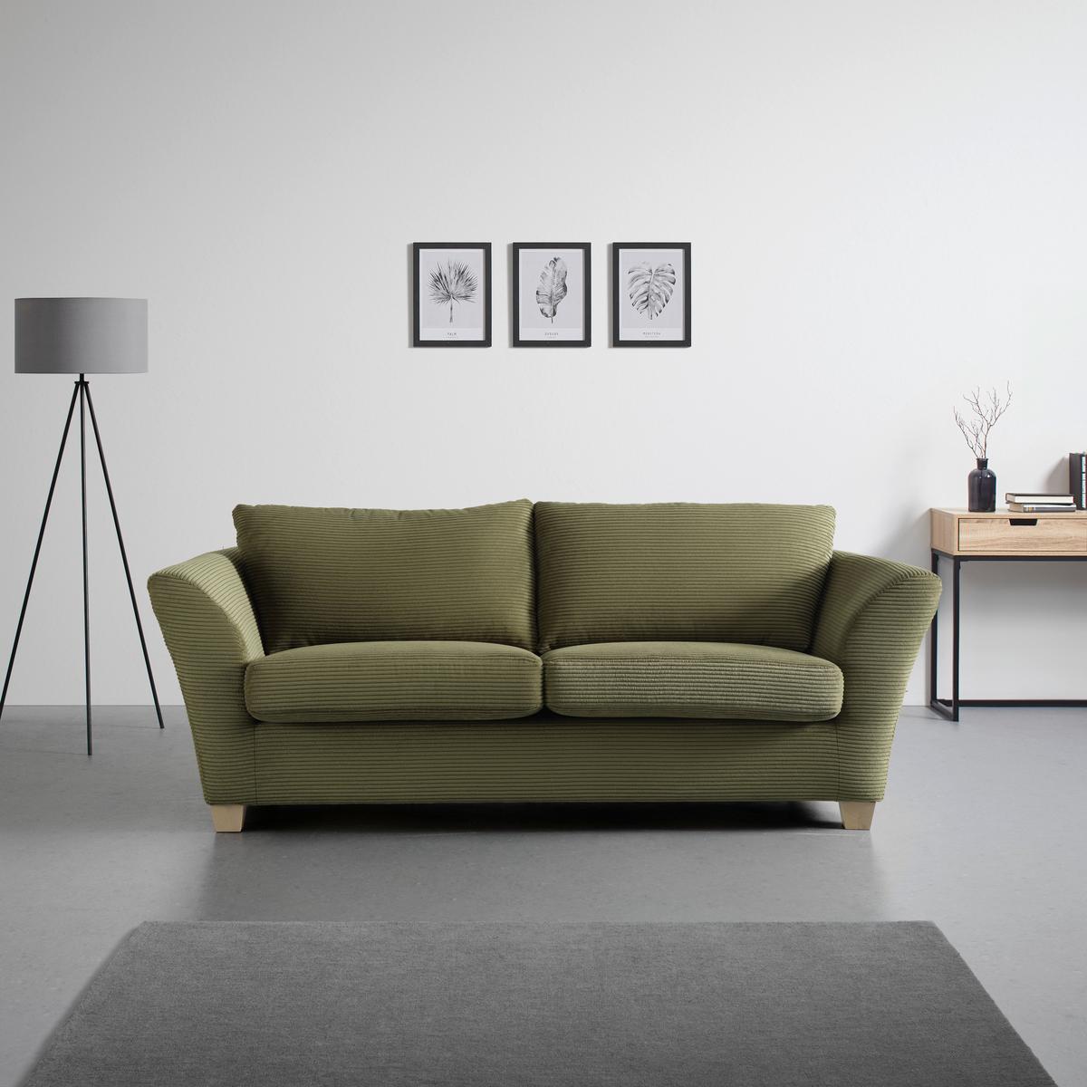 Trojmiestna pohovka DEVADO, zelený menčester - zelená/prírodná farba, drevo/textil (216/70-85/95cm) - Mömax