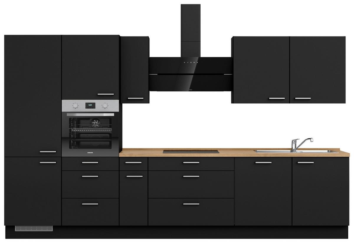 Kuchyňská linka 360 cm, černá matná/ barva dub - černá/barvy dubu, Moderní, kov/kompozitní dřevo (360cm) - Nobilia