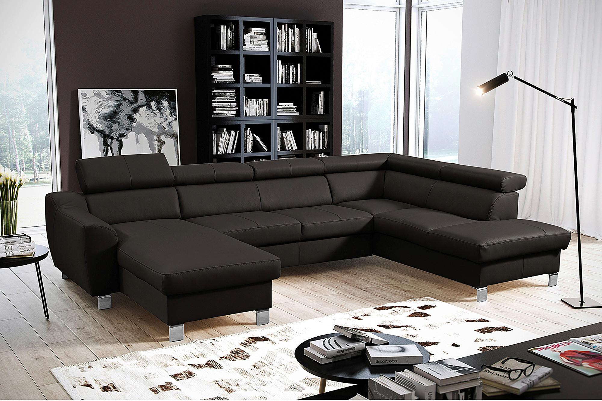 Wohnlandschaft Aspen Dbraun U-Form: 175 Cm - Chromfarben/Dunkelbraun, Design, Leder/Textil (175/315/208cm) - Livetastic