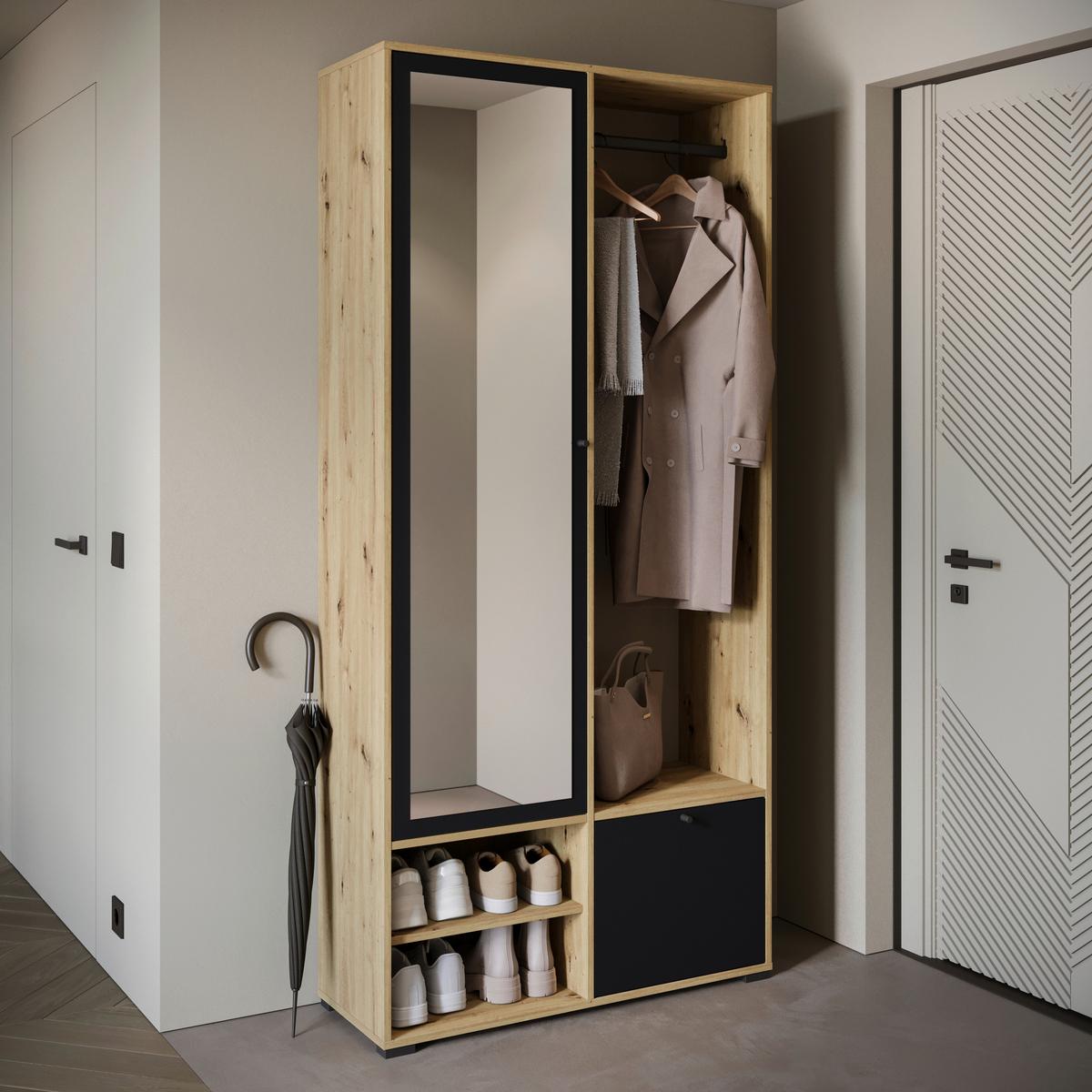 Garderobe Dino Eiche Artisan/schwarz B: 90 Cm - Schwarz/Eiche Artisan, Trend, Holzwerkstoff (90/190/33cm) - P & B