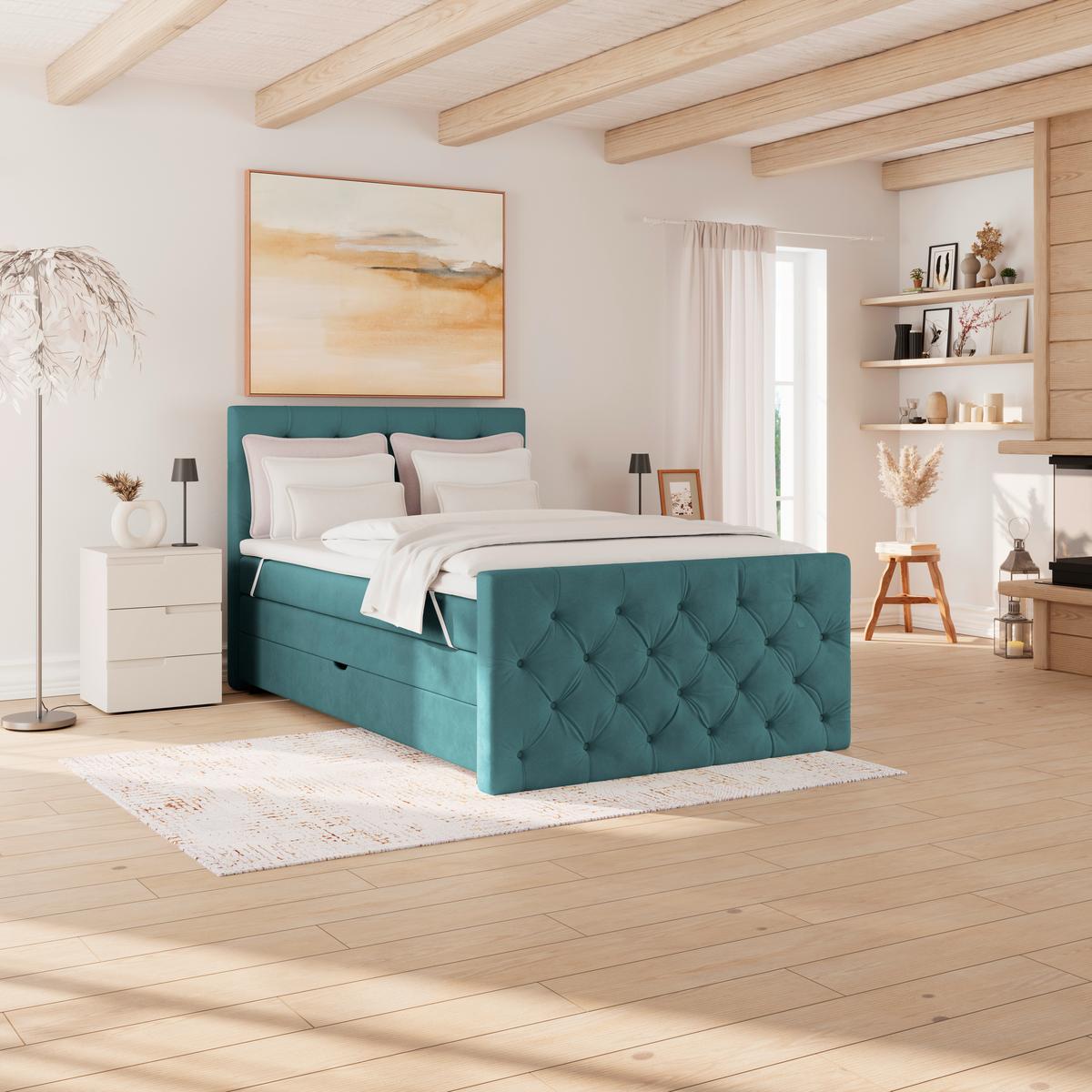 Boxspringbett Elio Petrol 140x200 cm H2 - Beige/Petrol, ROMANTIK / LANDHAUS, Textil (140/200cm) - James Wood