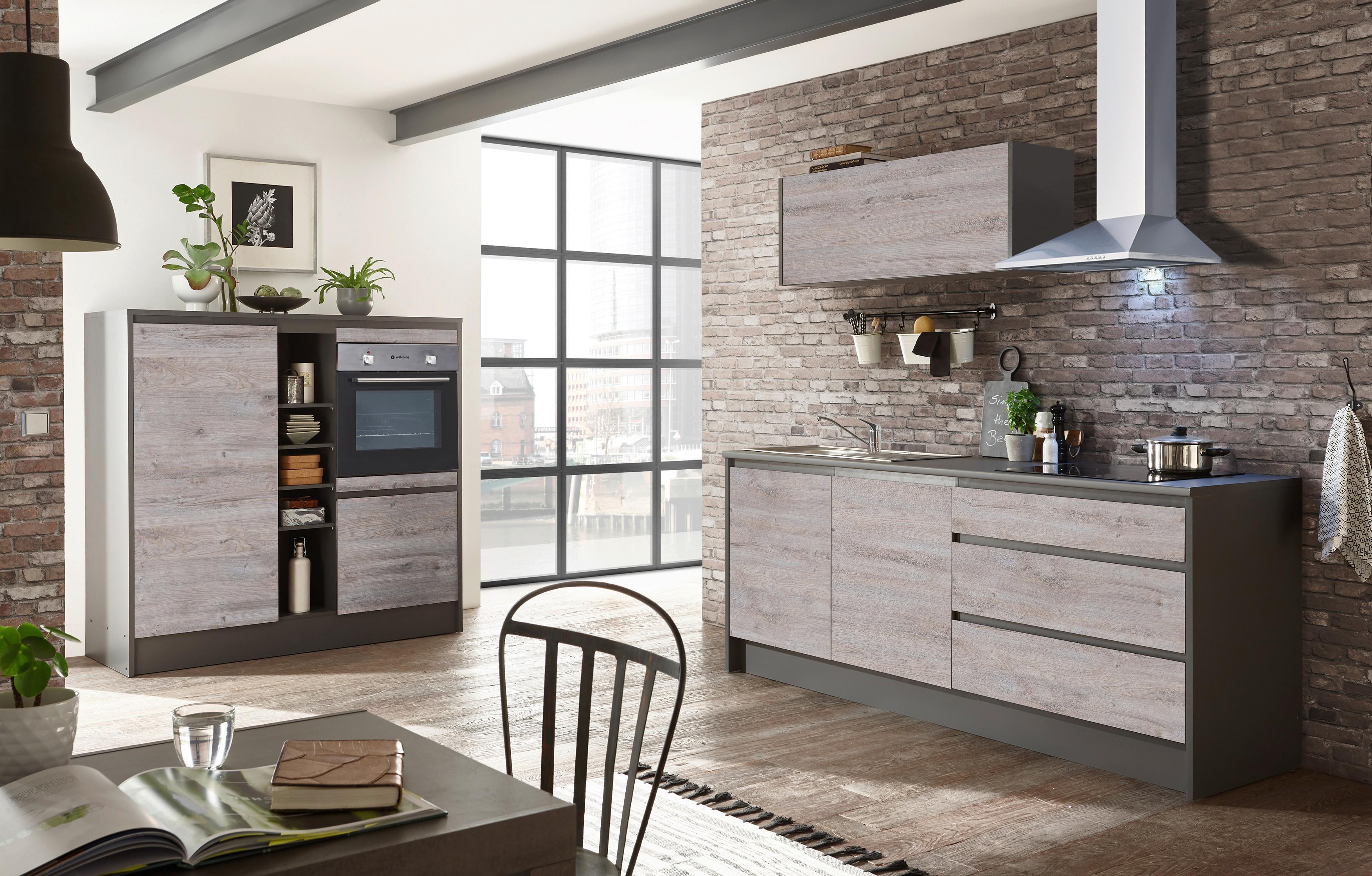 Kuchynský blok LESS 4 bez spotrebičov, šírka 210 cm - farba duba/antracitová, Modern, kompozitné drevo (210+150cm) - MID.YOU