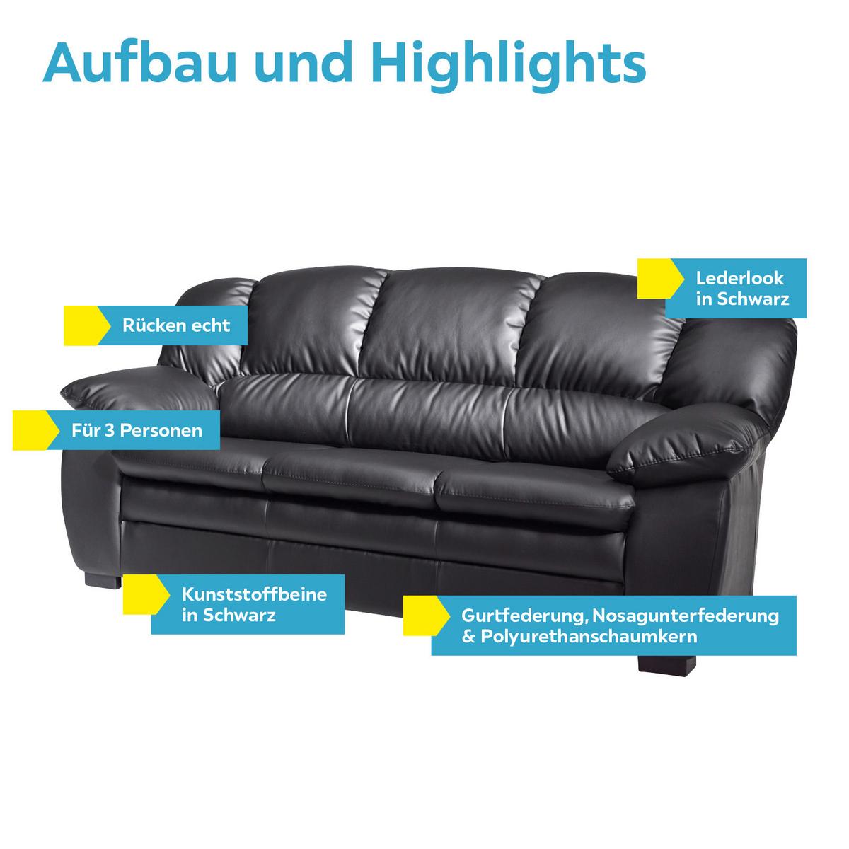 3-Sitzer-Sofa Casino Schwarz Lederlook - Schwarz, KONVENTIONELL, Textil (177/88/92cm) - MID.YOU