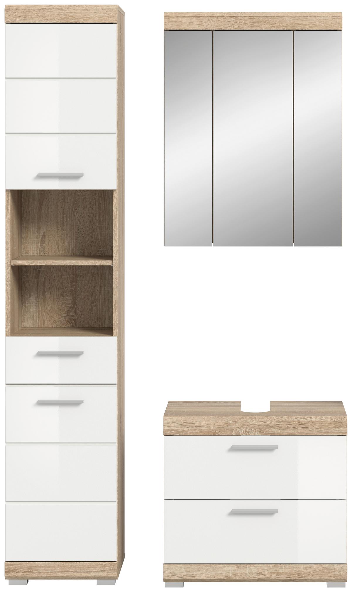 Badezimmer Lambada Eiche Dekor/weiß B: 97 Cm - Weiß Hochglanz/Silberfarben, MODERN, Glas/Holzwerkstoff (97cm) - MID.YOU