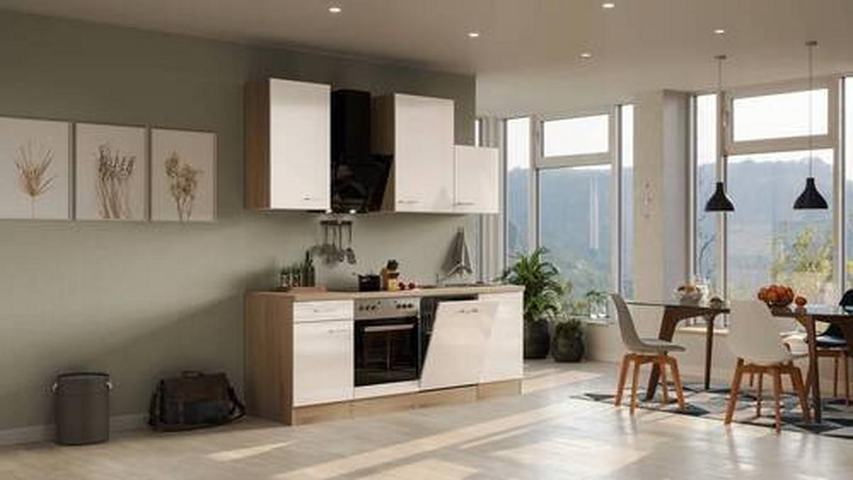 Küchenzeile Nepal M. Geräten 220 Cm Kaschmir/eiche Dekor - Kaschmir/Sonoma Eiche, MODERN, Holzwerkstoff (220cm) - FlexWell