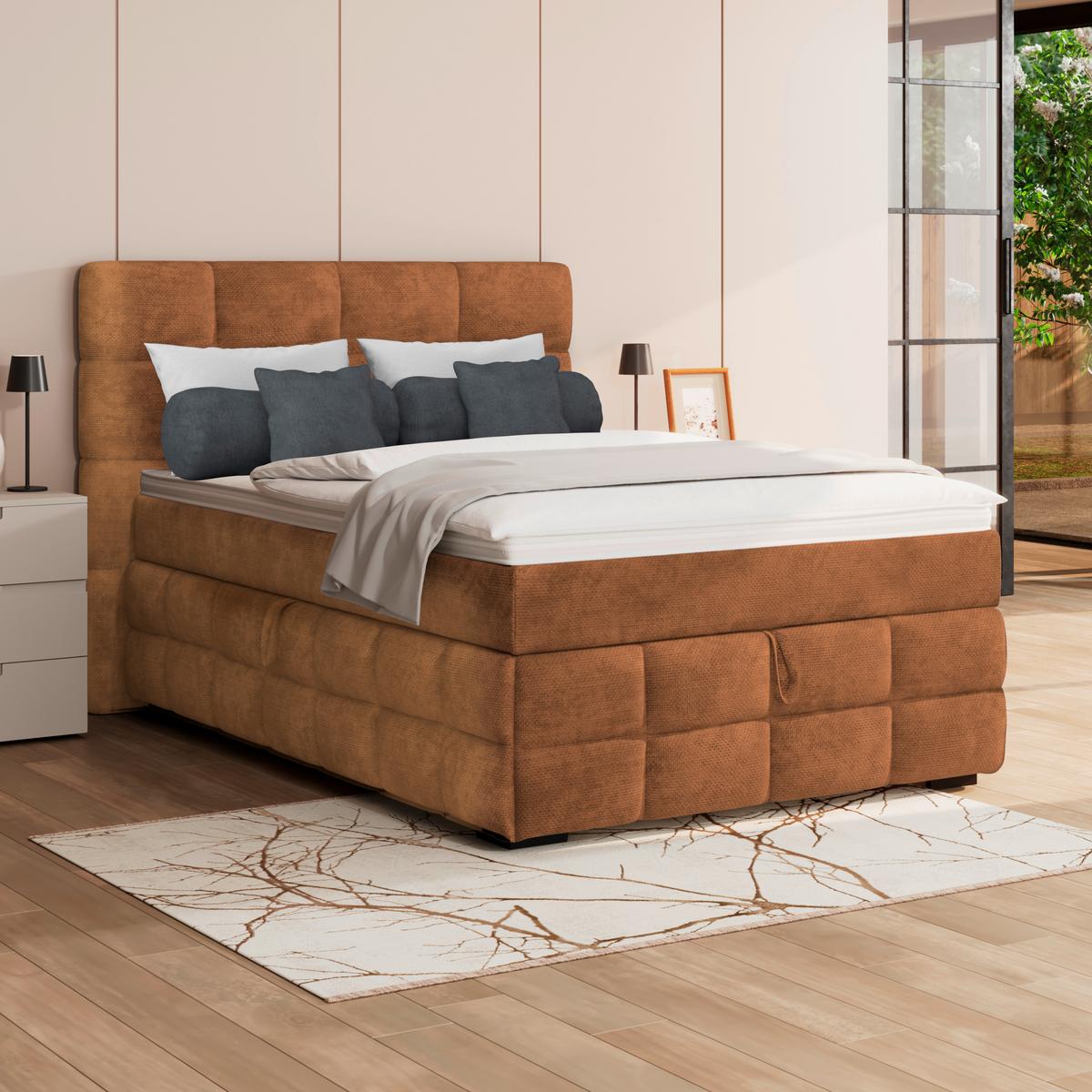 Čalouněná postel VEGA 140x200 cm, rezavá - černá/rezavá, Trend, dřevo/textil (140/200cm)