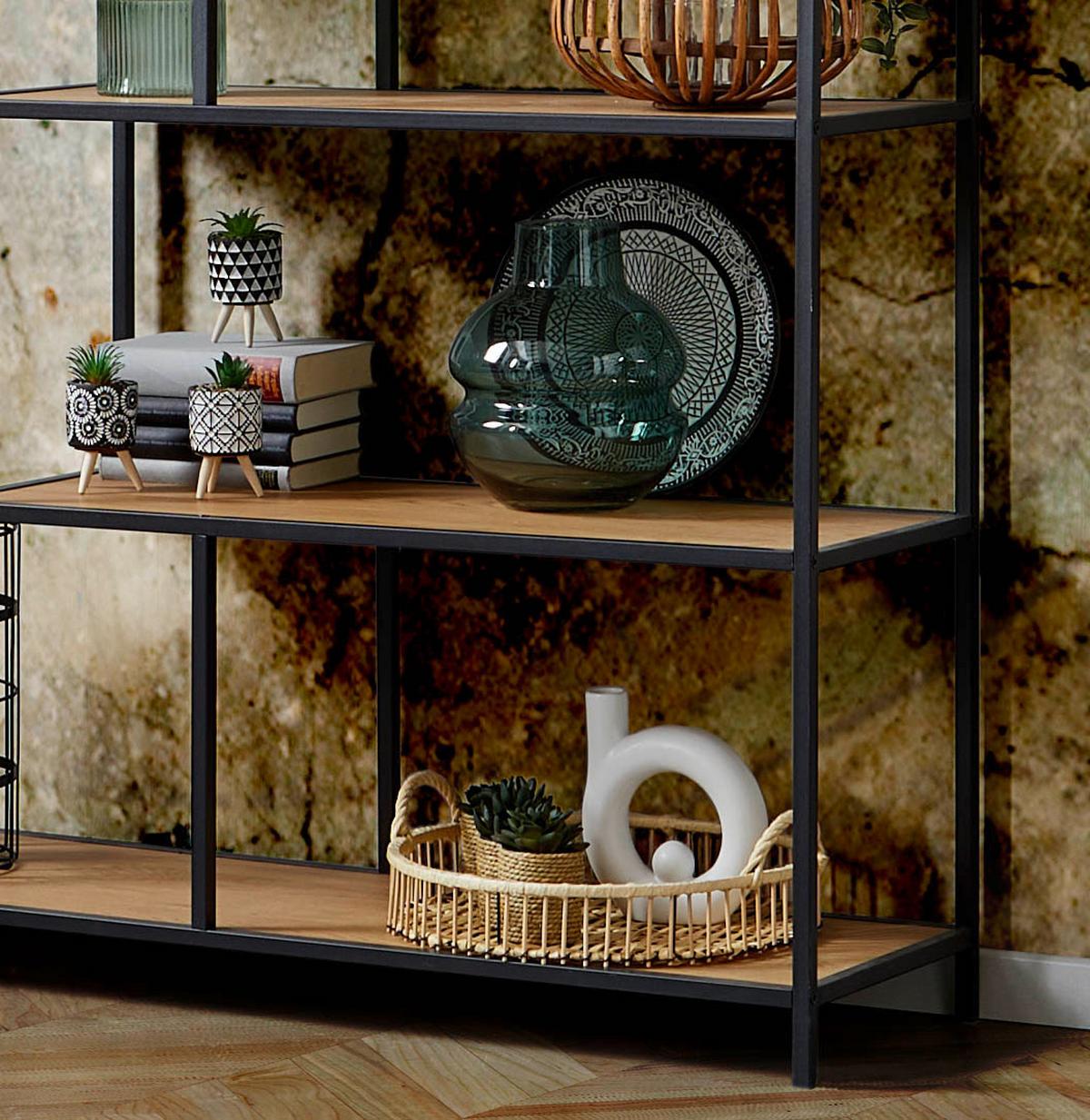 Regal Seaford B 114cm, Schwarz/eiche Dekor - Eichefarben/Schwarz, MODERN, Holzwerkstoff/Metall (114/185/35cm) - MID.YOU