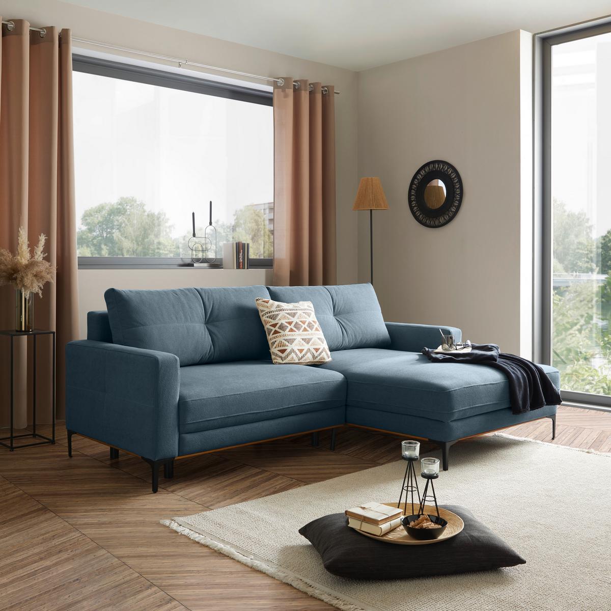 Rohová sedačka BERGAMO, pravá, světle modrá - černá/světle modrá, Moderní, kov/textil (238/162cm) - Ondega