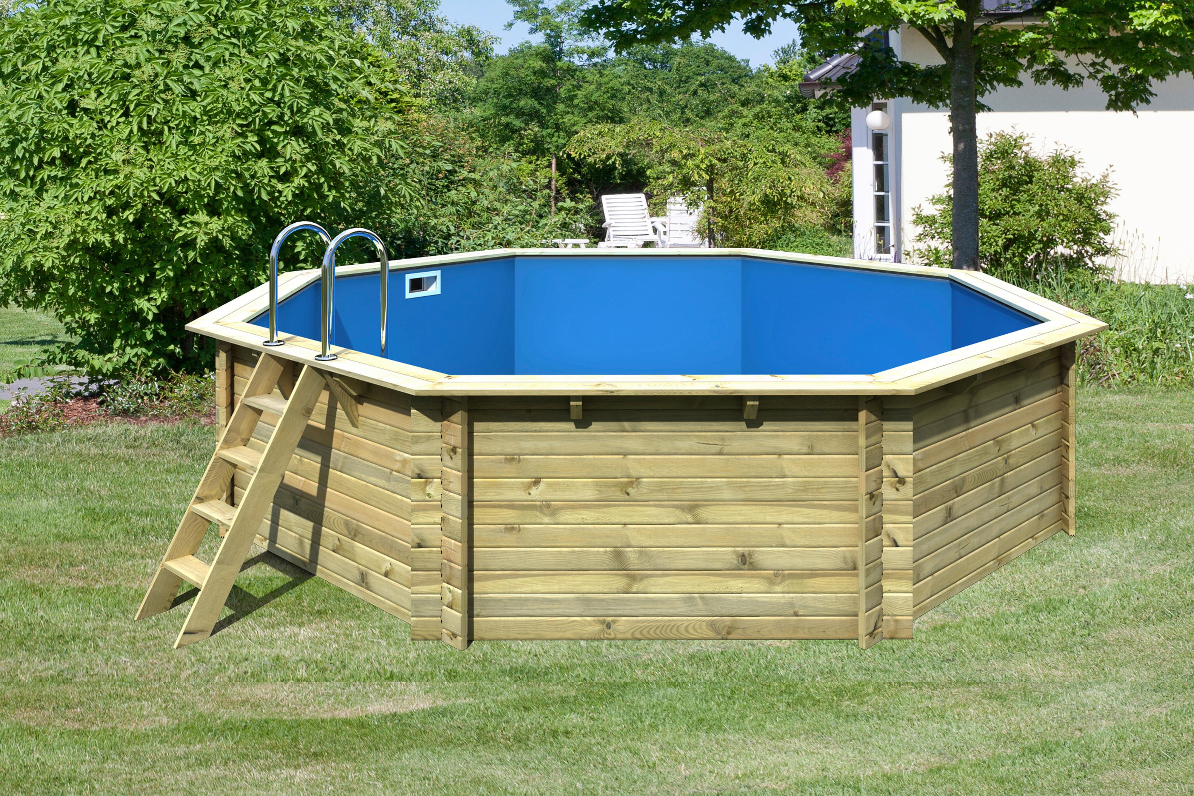 Schwimmbecken Achteckig Ibiza 3 mit Leiter, Pumpe Ø 547 cm - Naturfarben, Basics, Holz (547/124/547cm) - Karibu